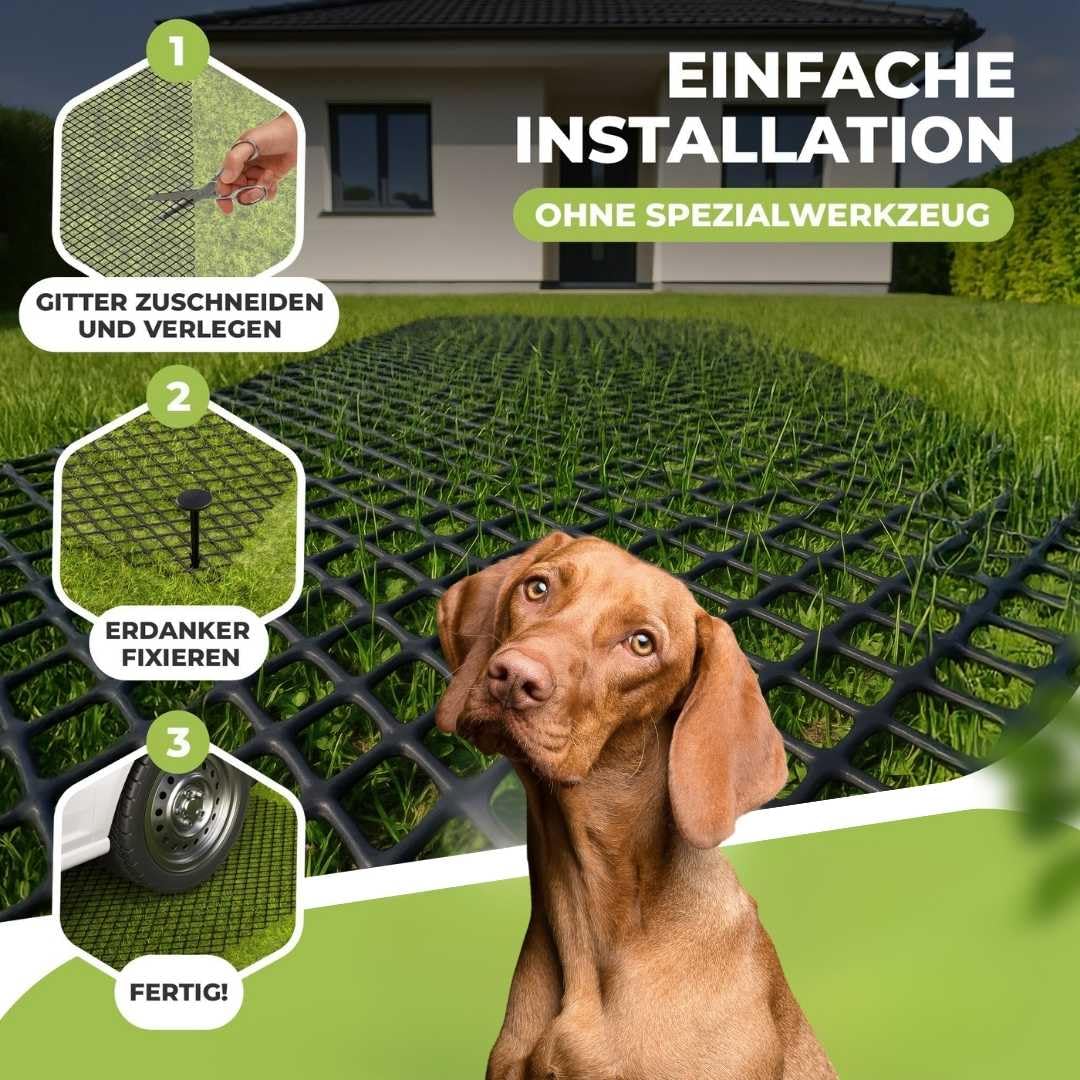 Florade Kratka trawnikowa o szerokości 1,3 m – siatka przeciw kopaniu psów – siatka z tworzywa sztucznego HDPE do wzmocnienia trawnika – oczka 30 mm – 600 g/m² – elastyczna możliwość przycięcia