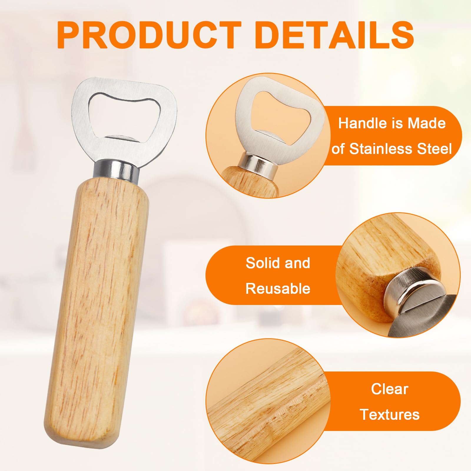 50 abrebotellas de vino de madera de acero inoxidable, abridor de botellas de sidra de mano de madera, abridor de botellas con mango de madera, abrebotellas de camarero resistente para