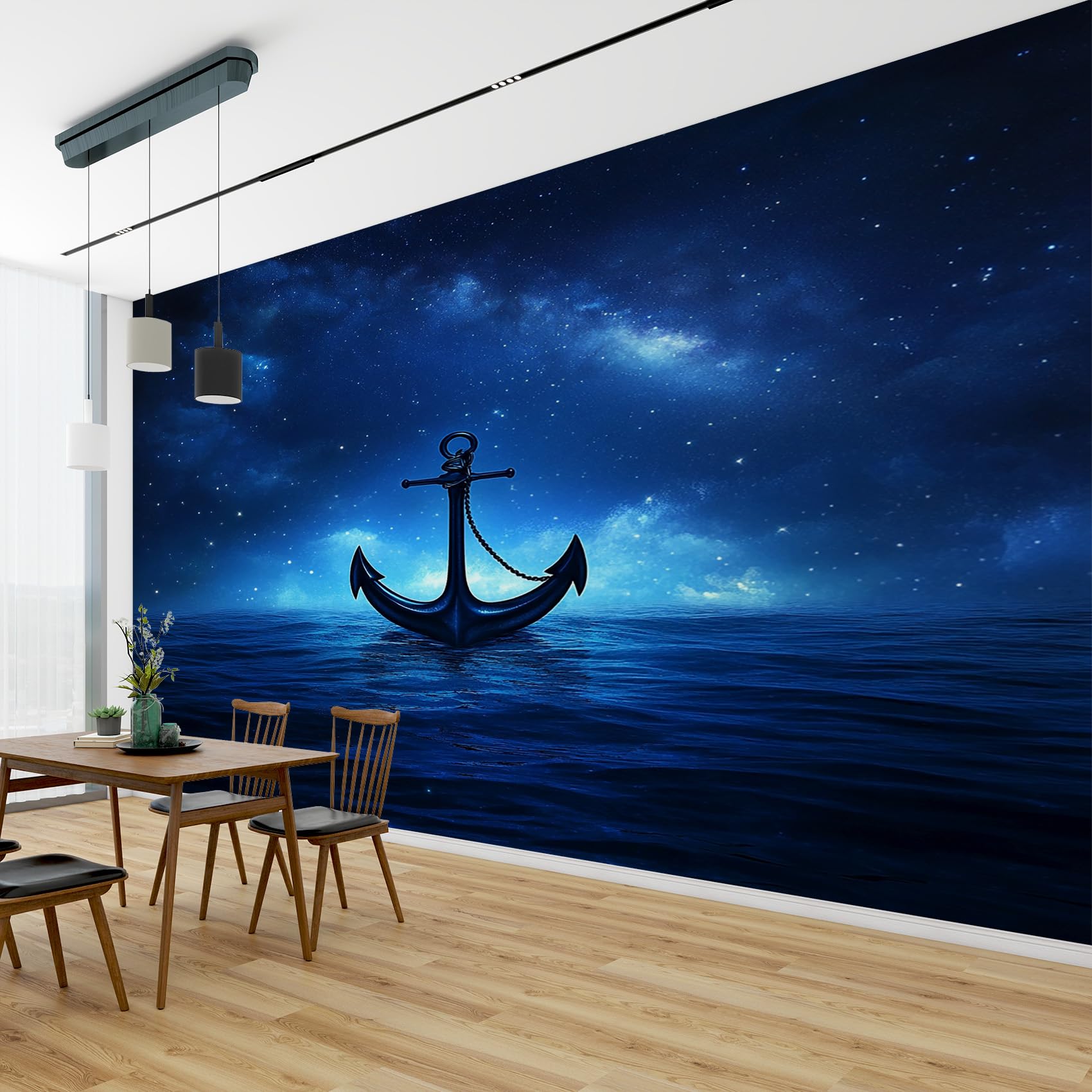 Fototapete Anker Schlafzimmer, 3D Tapete Nautisch Meer, Vliestapete Blau, Tapeten Wohnzimmer Muster, Sternenhimmel Küste Wand Deko Kinderzimmer, Wandtapete, Mustertapete 416x254 cm