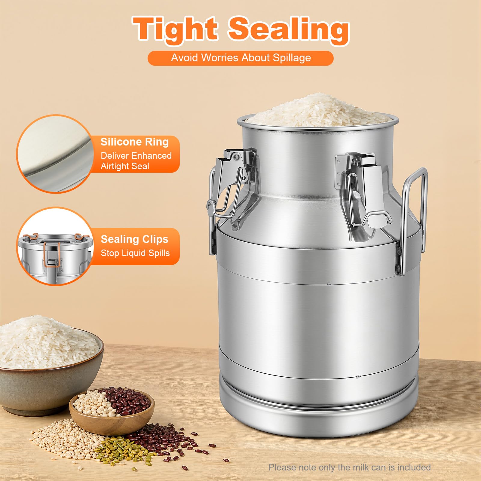 Jarra de leche de acero inoxidable de 10 litros con tapa y asa para guardar arroz, té, hierbas, vinagre, leche, agua, miel