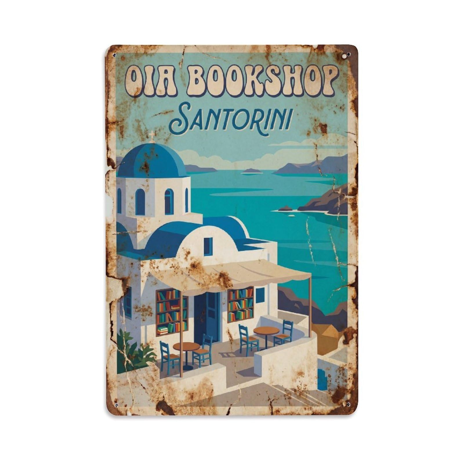 Vintage Travel Oia Santorini Bookshop Metal Tin Sign