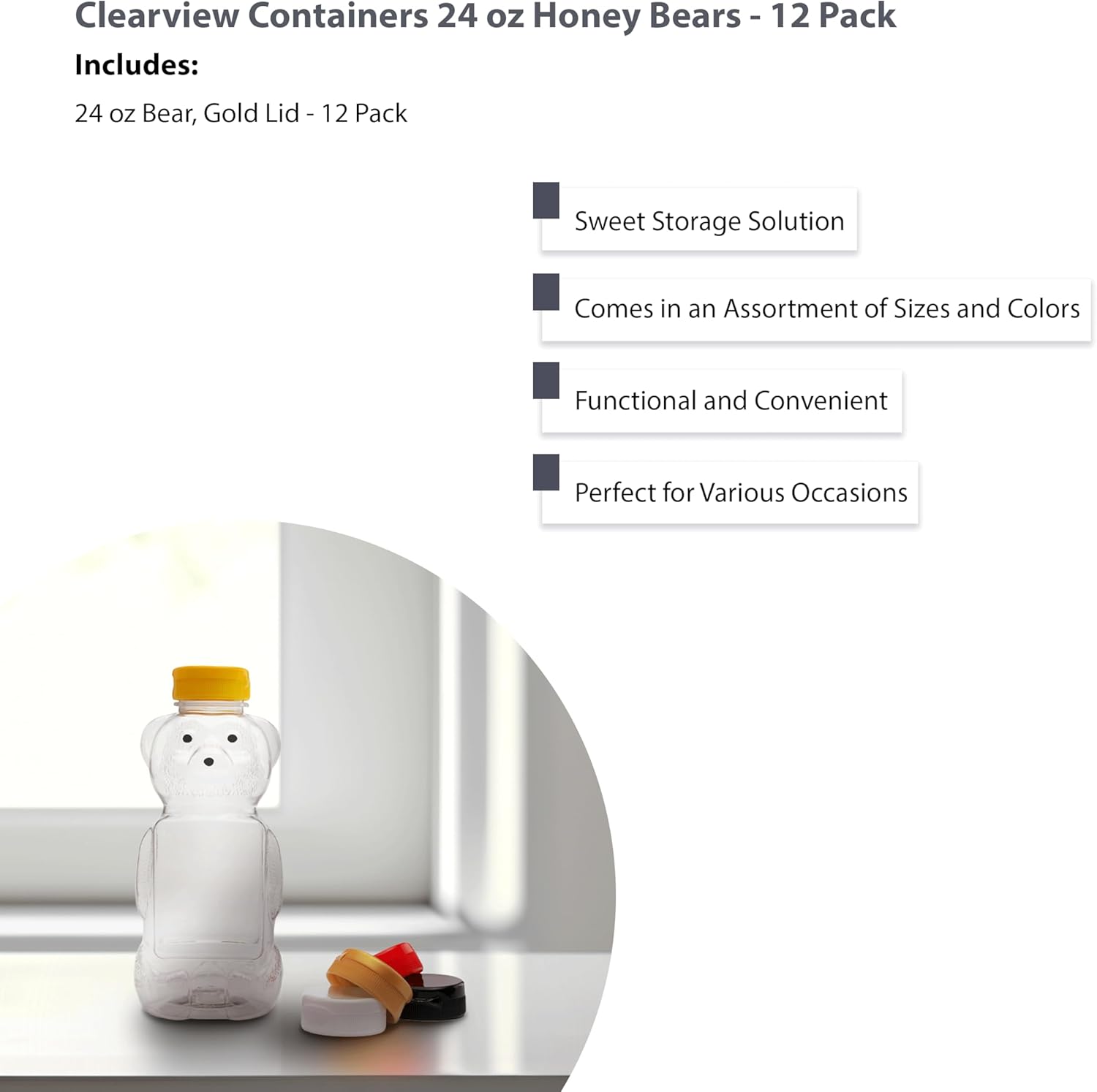 12 Pack of 24 Ounce Honey Bears with Sealable Gold Flip Top Lids (24 oz. Bear, 12pk, Gold)