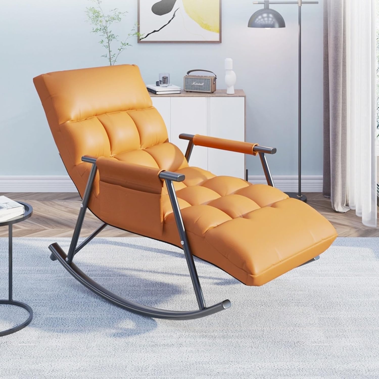 Modern Breathable Bedroom Rocking Chair, Living Room Sofa Lounger with Cushion, Garden Rocking Chair with armrests,Comfortable Camping Lounge Chair, Ergonomic Chair,Adjustable backrest.