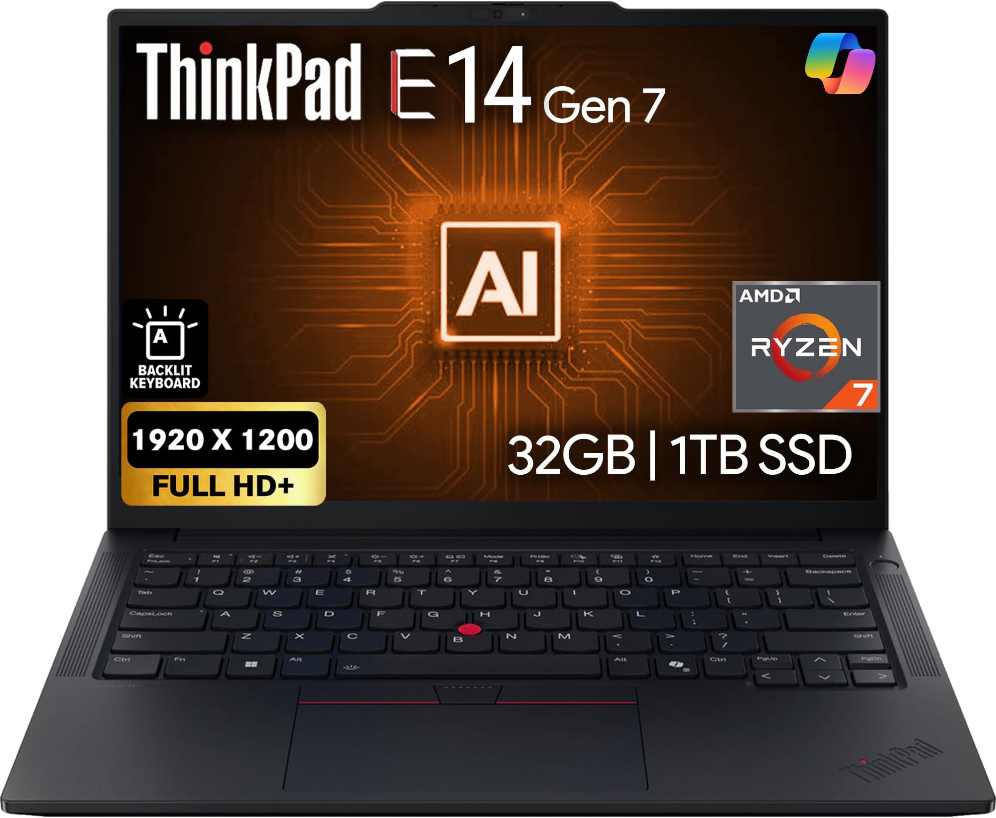 ThinkPad E14 Gen 7 14" FHD+ Display, AMD Ryzen 7 250 (Beats Core 7 240H), 32GB DDR5 RAM, 1TB SSD PCIe, Backlit KB, WiFi 6E + BT, RJ-45, FHD Webcam, Windows 11 Pro, AI Business Laptop - Black