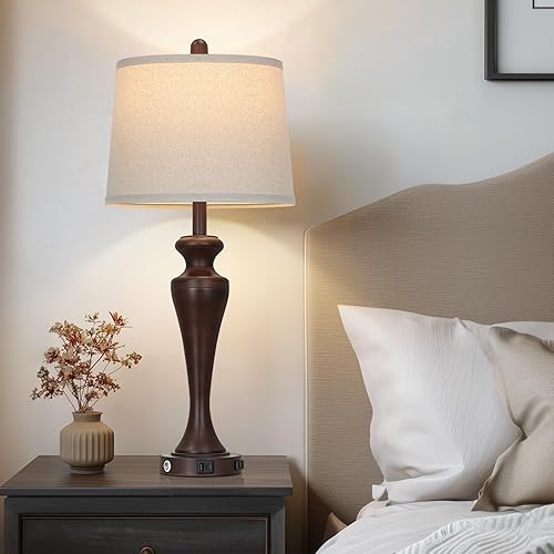 Miniatura 6 de Juego de 2 lámparas de mesa táctiles marrones de 30 pulgadas, lámpara de noche regulable de 3 vías con puertos USB A+C y salida de CA, lámparas