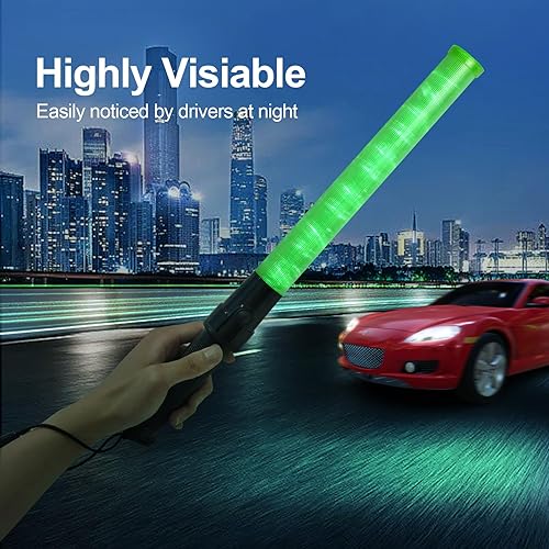 Miniatura 4 de Paquete de 2 varitas de tráfico de 21 pulgadas, varita LED verde de control de tráfico con 2 modos de parpadeo, bastón de seguridad de tráfico con