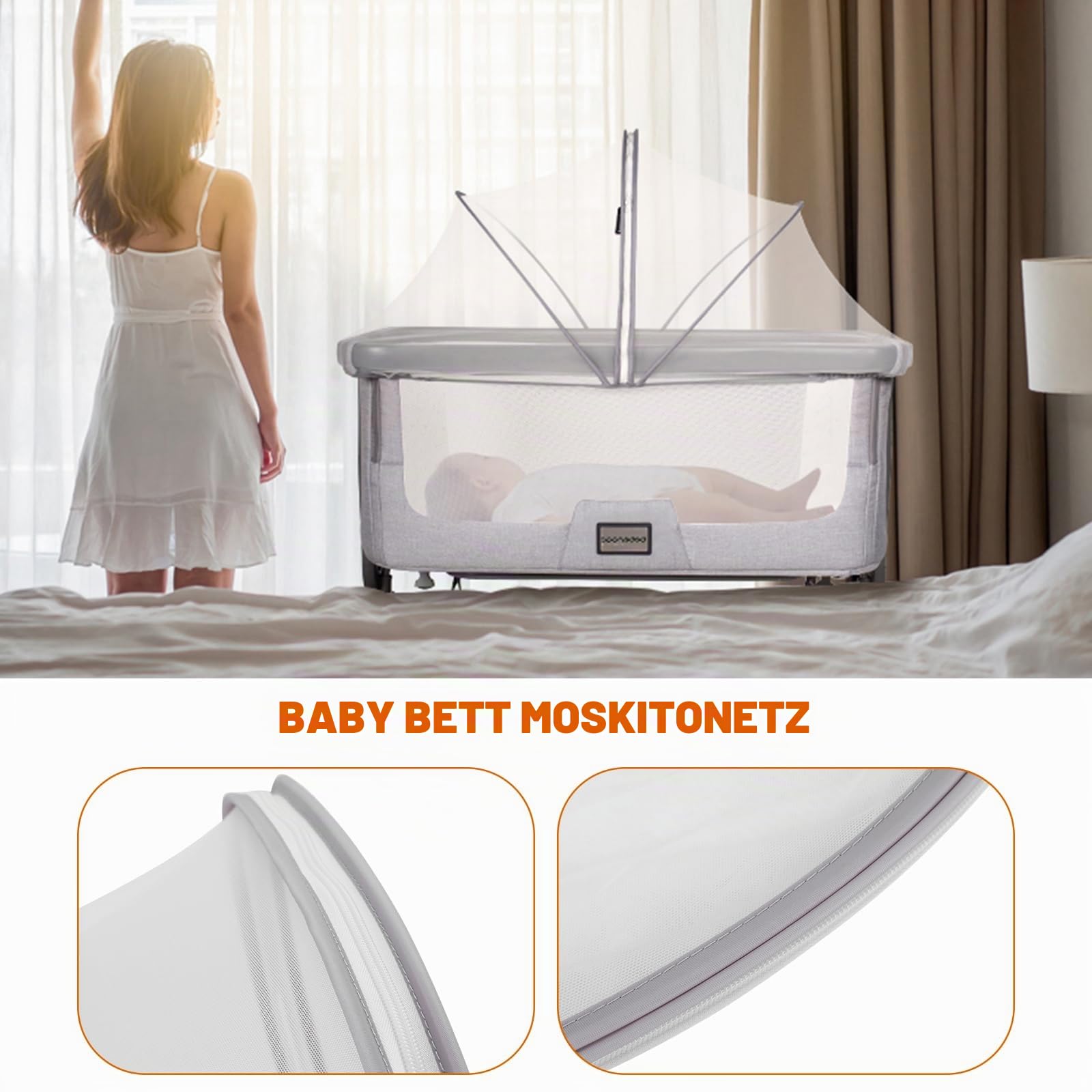 Universelles Moskitonetz für Reisebett, Gitterbettabdeckung mit Leisem Reißverschluss für Betten, Einfacher Zugang, Feinmaschiges Netz für Babys, 100×55×55CM (Weiß)