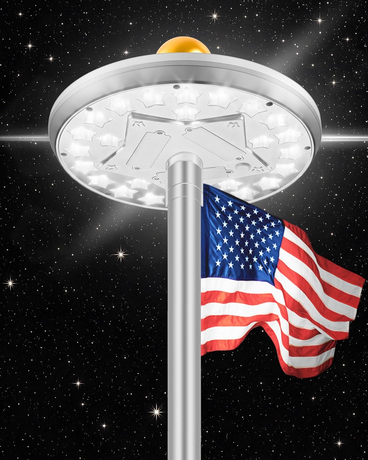 Flag Pole Light Solar Powered Top Mount, 25-Star Bright LEDs, Dusk-to-Dawn Flag Lighting, Flagpole Focused Light for 15-30 Ft Flagpoles, IP65 Waterproof Outdoors, Auto On/Off, Silver