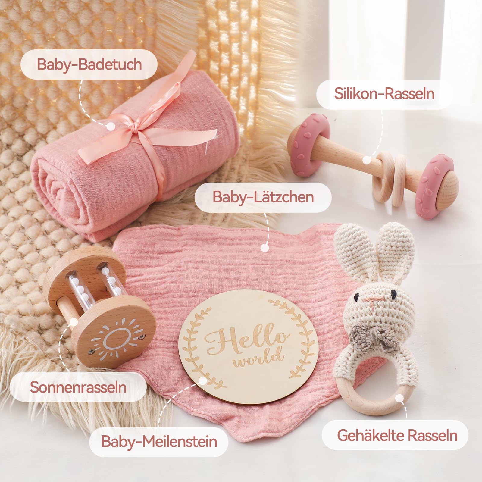 Baby Gift Set for Girls 6PCS Newborn Gift Set including Bath Towels, Bib, Wooden Toy, Crocheted Rattle and Milestone Cards - Image 3