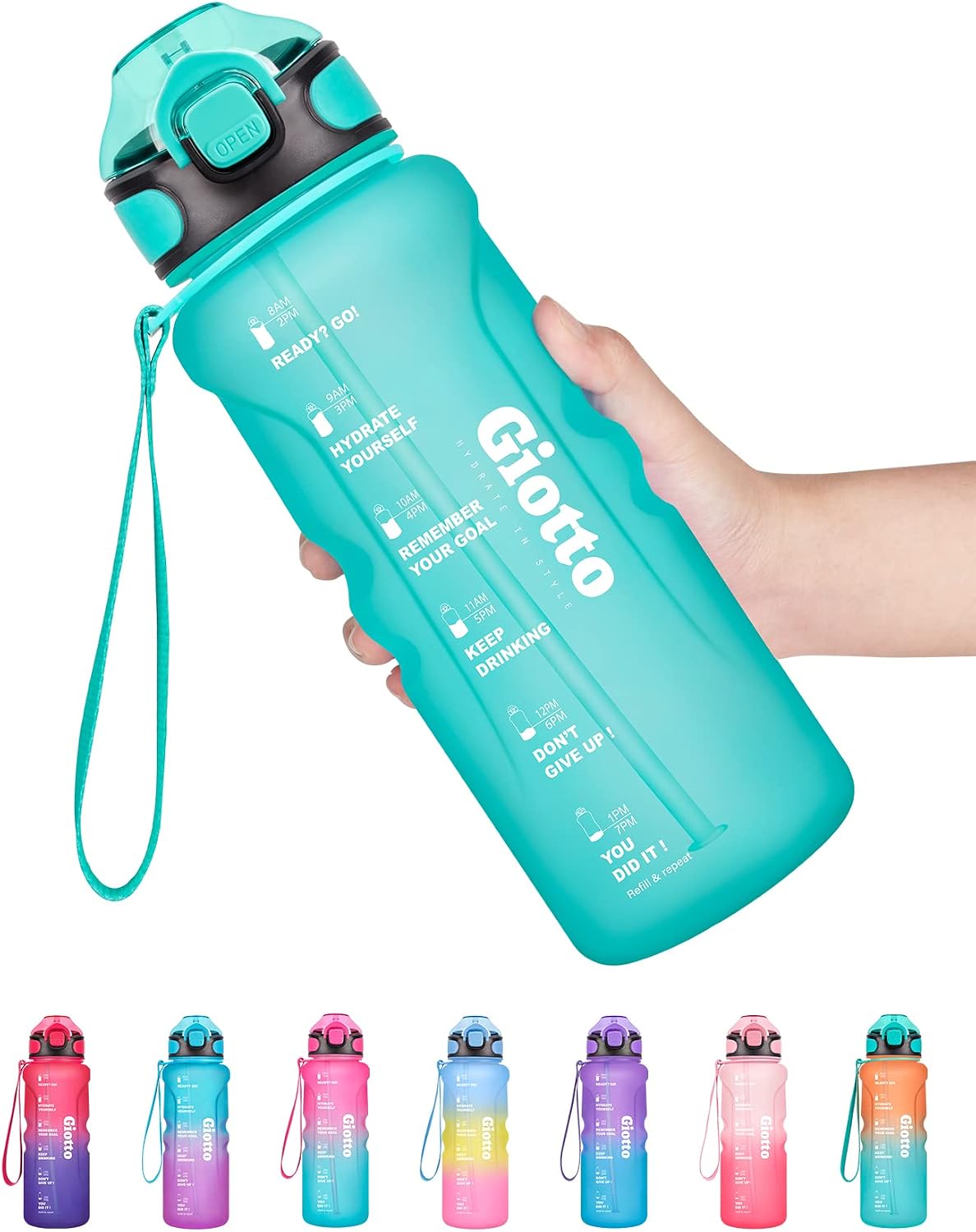 Giotto 32oz Motivational Water Bottle with Time Marker & Straw to EnsureYou Drink Enough Water,Leakproof BPA Free Water Jug Perfect for Fitness Gym & Outdoor Sports