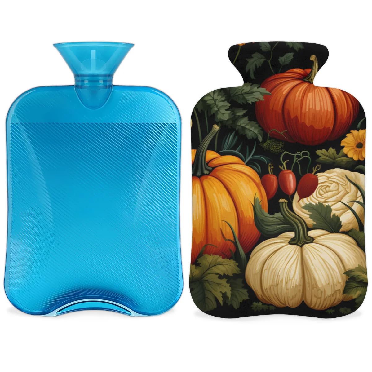 Hot Water Bottle with Soft Cover,2L Fantastic Pumpkin Hot Water Bag for Hot and Cold Compress, Hand Feet Warmer, Thanksgiving Pumpkin Rubber Hot or Cold Water Bottle Halloween Christmas Decorations