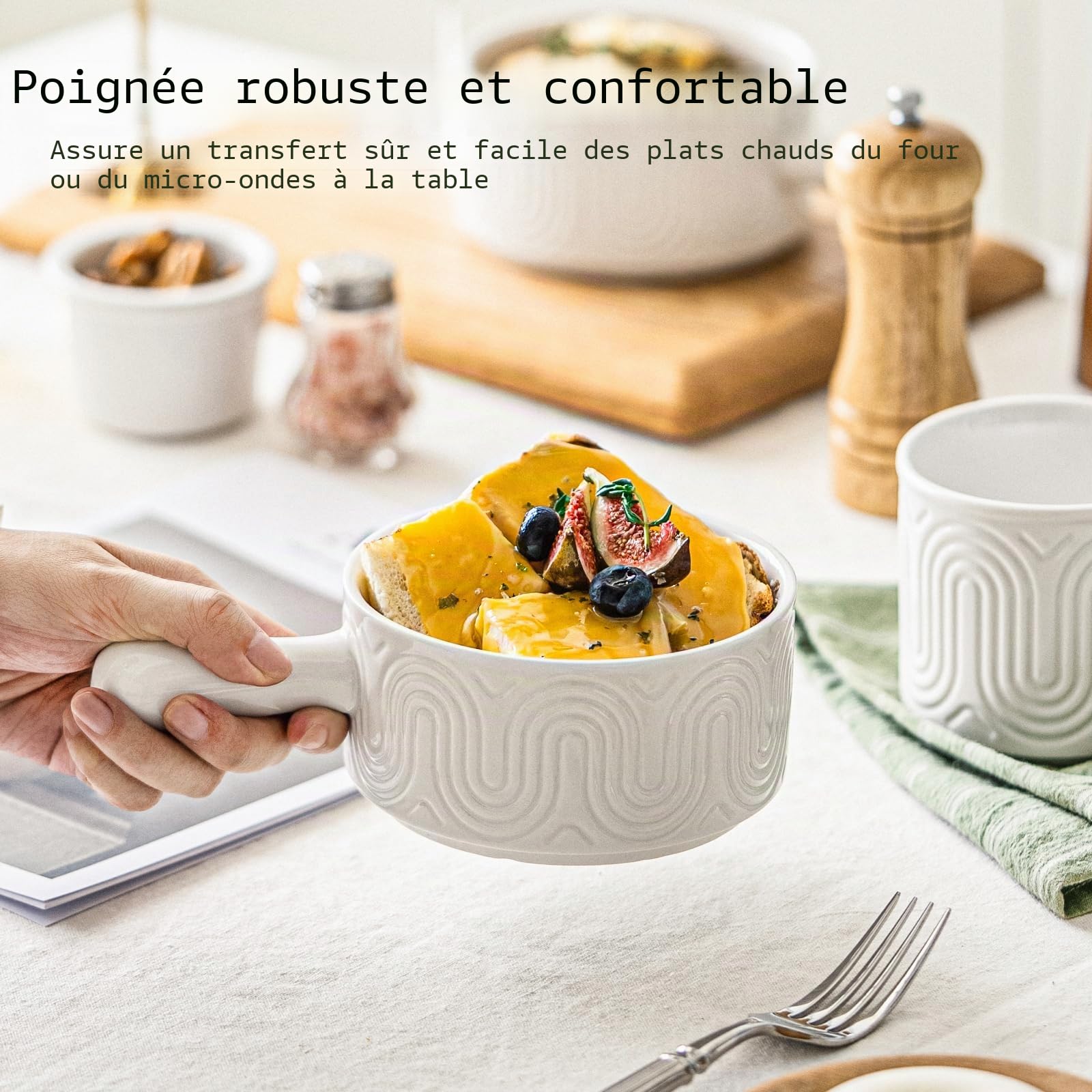 INSETLAN Lot de 4 bols à soupe de 530 ml avec poignée, bols à soupe à l'oignon français avec poignée, bols en céramique pour soupe, chili, ragoût de bœuf, résistants aux éclats, passent au