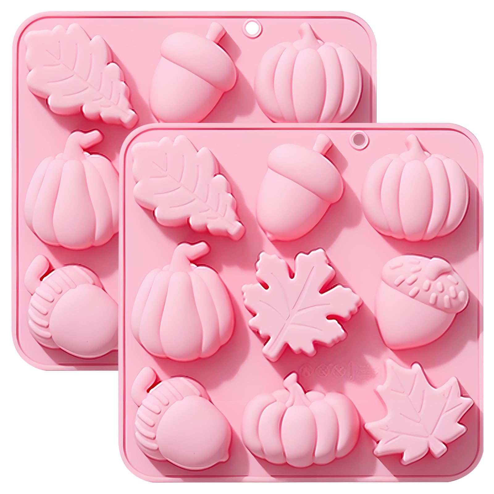 Butabeishy Silikon-Backform Herbst, 9 Kavitäten, Rosa, 2er-Set | Kürbis & Eichel Motive, Ahornblatt Design, 17,3 x 17,1 cm, Antihaft-Oberfläche, Für Schokolade & Seife