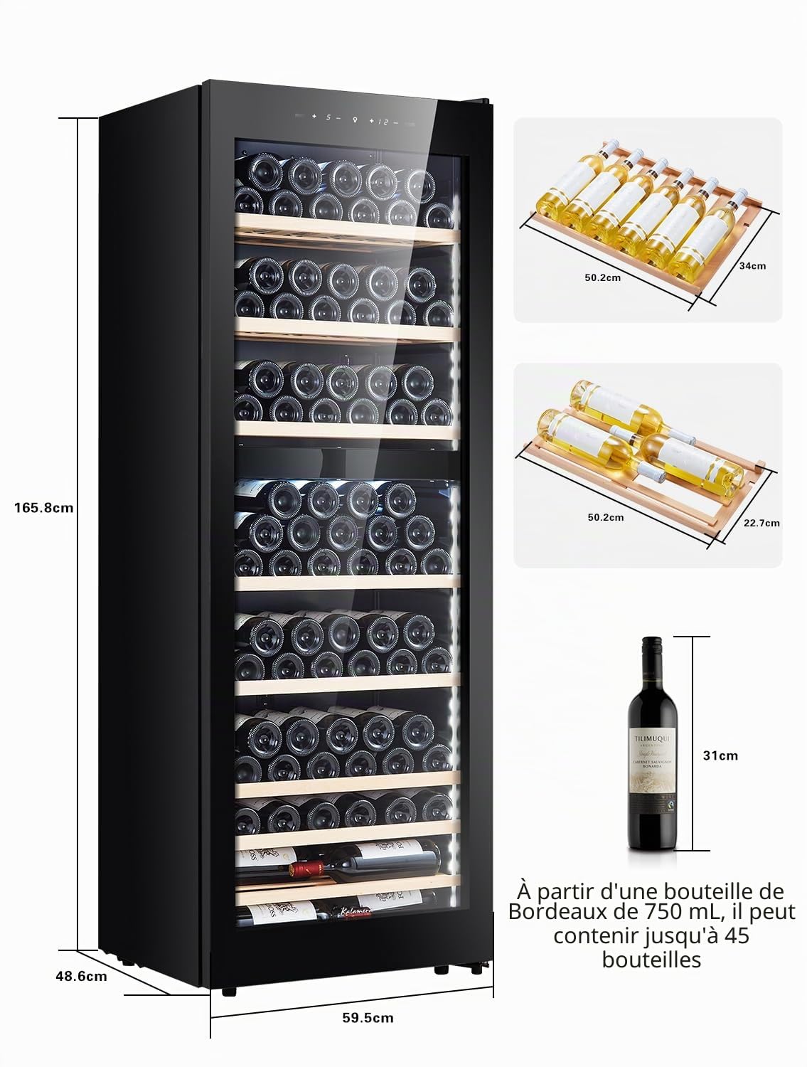 Kalamera Cave a vin Nouvelle version, 84 bouteilles, cave à vin multi-températures, deux zones de température 5-10°C / 10-18°C, 266 litres, KRC-266BFG