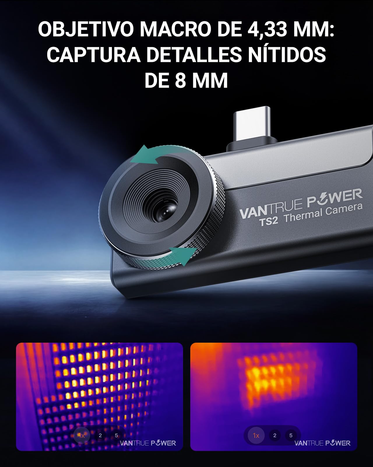TS2 Cámara Térmica Termográfica Infrarroja para iOS/iPad/Android, Visión Macro de 8 mm, Objetivo Manual, Superresolución 512x384, Thermal Imager, de -20 °C a 550 °C, para Inspección HVAC