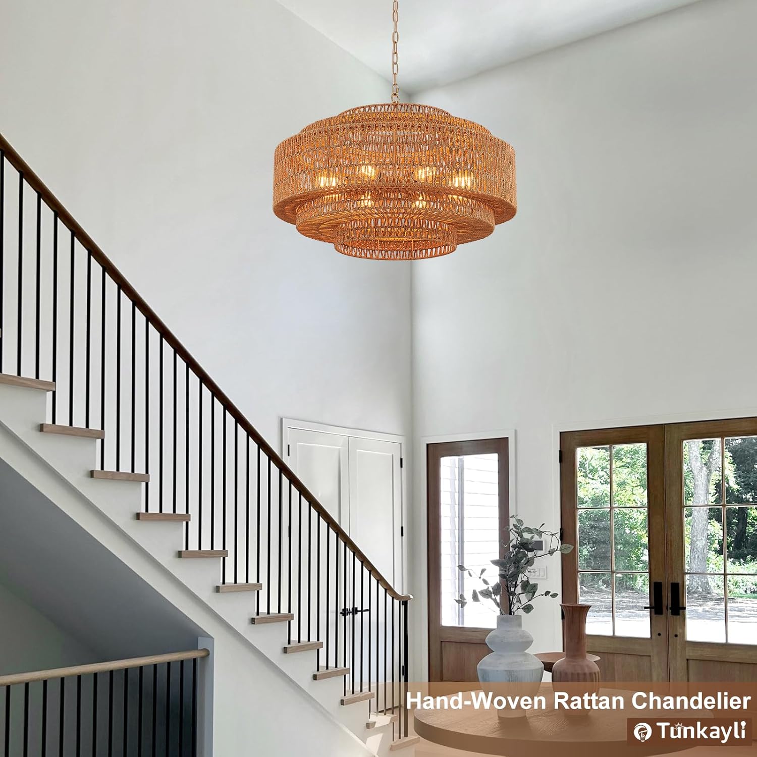 31.5" Large Rattan Chandelier 8-Light Hand-Woven Boho Bamboo Rattan Chandelier Farmhouse Vintage Light Fixture 5-Tier Drum Wicker Gold Chandeliers for Dining Room, Kitchen, Living Room, Foyer
