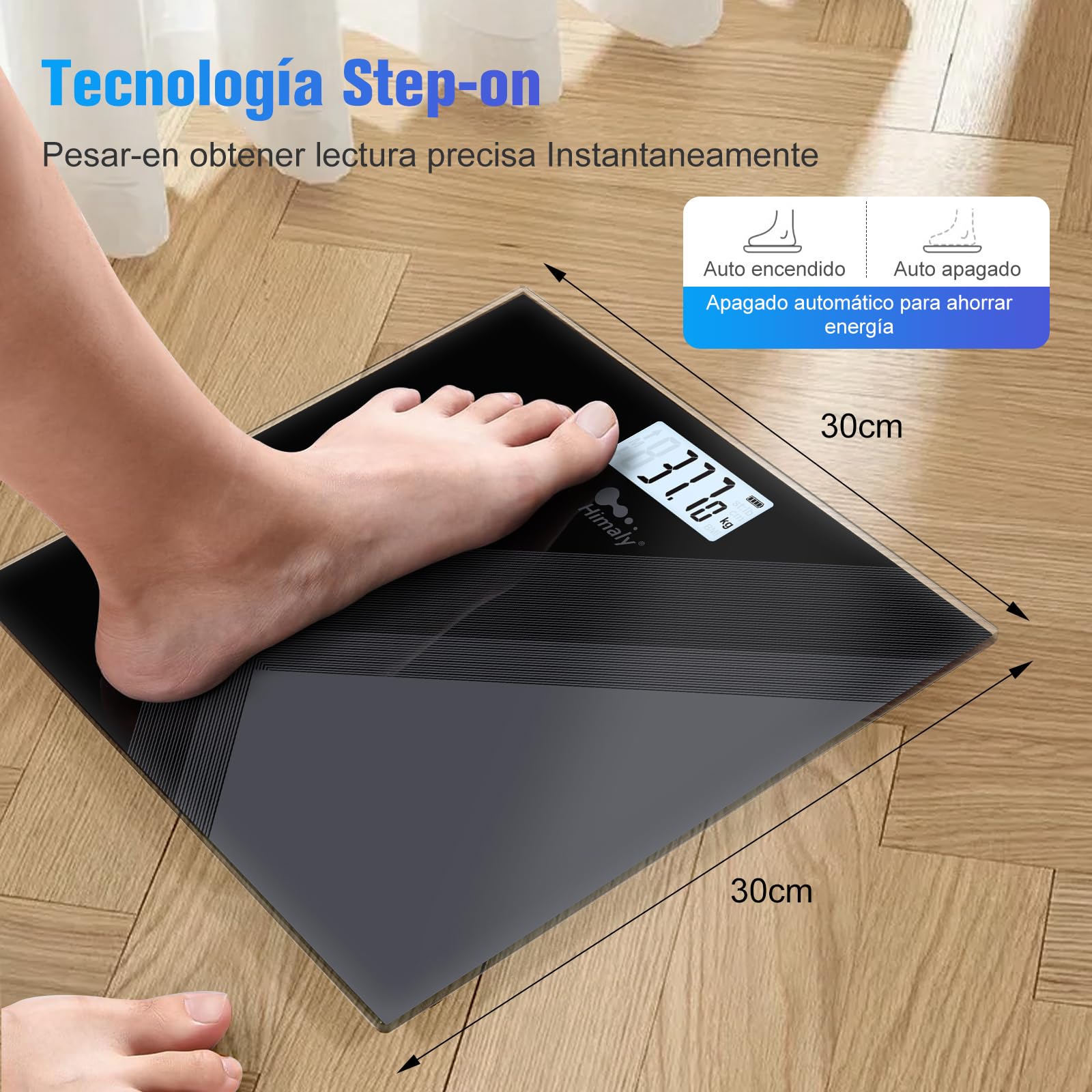 himaly Báscula baño con pantalla LCD, balanza para baño compacta, capacidad de 180kg / 400lbs, plataforma de vidrio, apagado automático, Carga USB