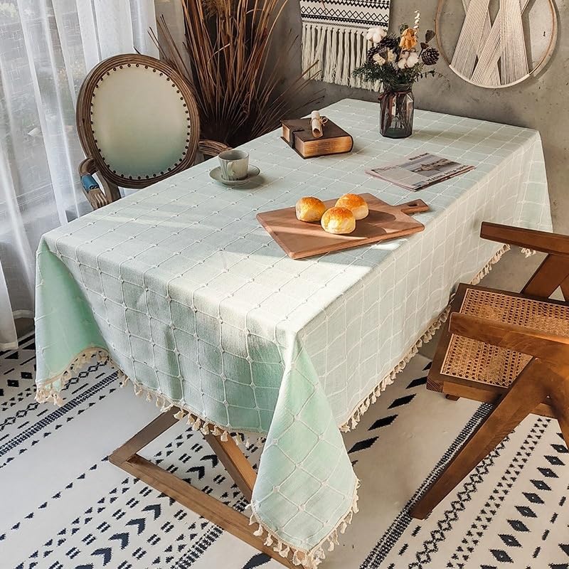 Tovaglia Antipolvere, Tovaglie Lavabili Rettangolari, Tovaglia A Quadri Blu Chiaro Ricamata in Cotone e Lino con Frange, Antipolvere, per Tavolo da Picnic, Cucina, Sala da Pranzo, 140*240 C