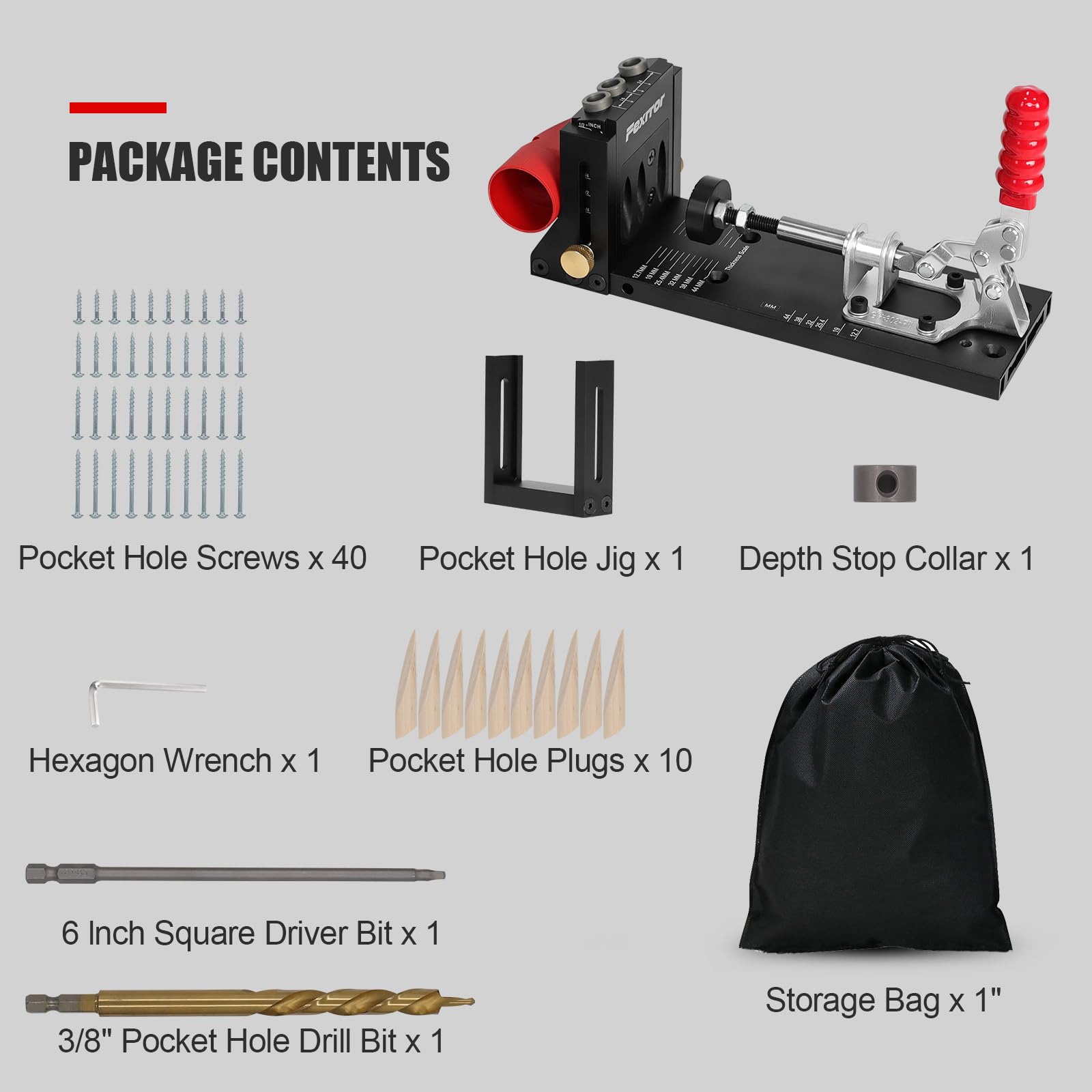 Pocket Hole Jig Set, Aluminium Taschenloch Bohrschablone mit Dreitaschenloch, Staubanschluss, Schrägloch Bohrhilfe für Holzbearbeitung, Heimwerken, Handwerk
