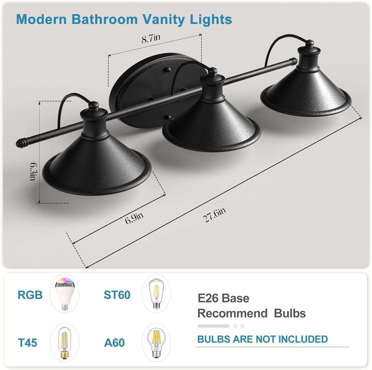 Lightdot Modern Bathroom Light Fixtures, 27 Inch 3-Light Bathroom Vanity Light with Matte Black Shades, 60W Max/120V Farmhouse Wall Sconce, Lighting Fixtures Over Mirror for Kitchen Living Room Cafe