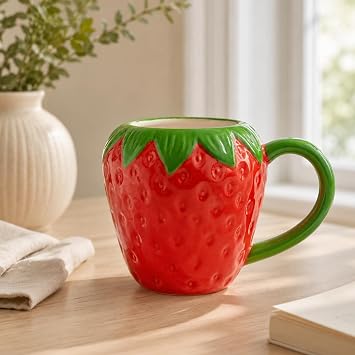 Çilek Tasarım Seramik Kupa Bardak, Büyük Boy Dekoratif Çilek Desenli Mug Kupa, Kahve, Çay ve Sıcak İçecekler İçin Günlük Kullanıma Uygun Şık Seramik Fincan