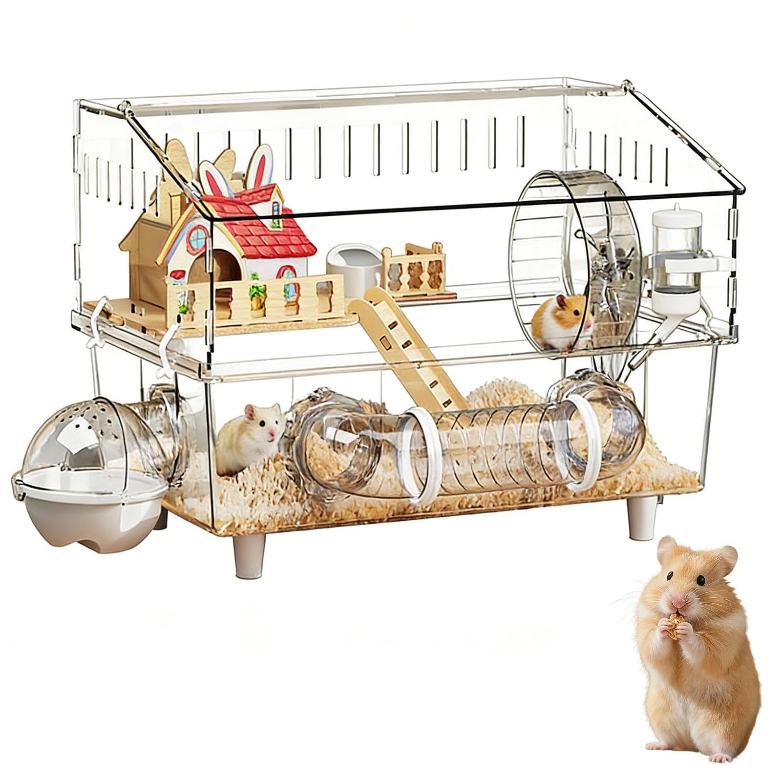 Jaula para Hámster Casa Transparente de 2 Niveles para Chinchilla | Jaula para Hámster para Cobaya, Mascota Pequeña, Observación en Casa, Interior y Exterior