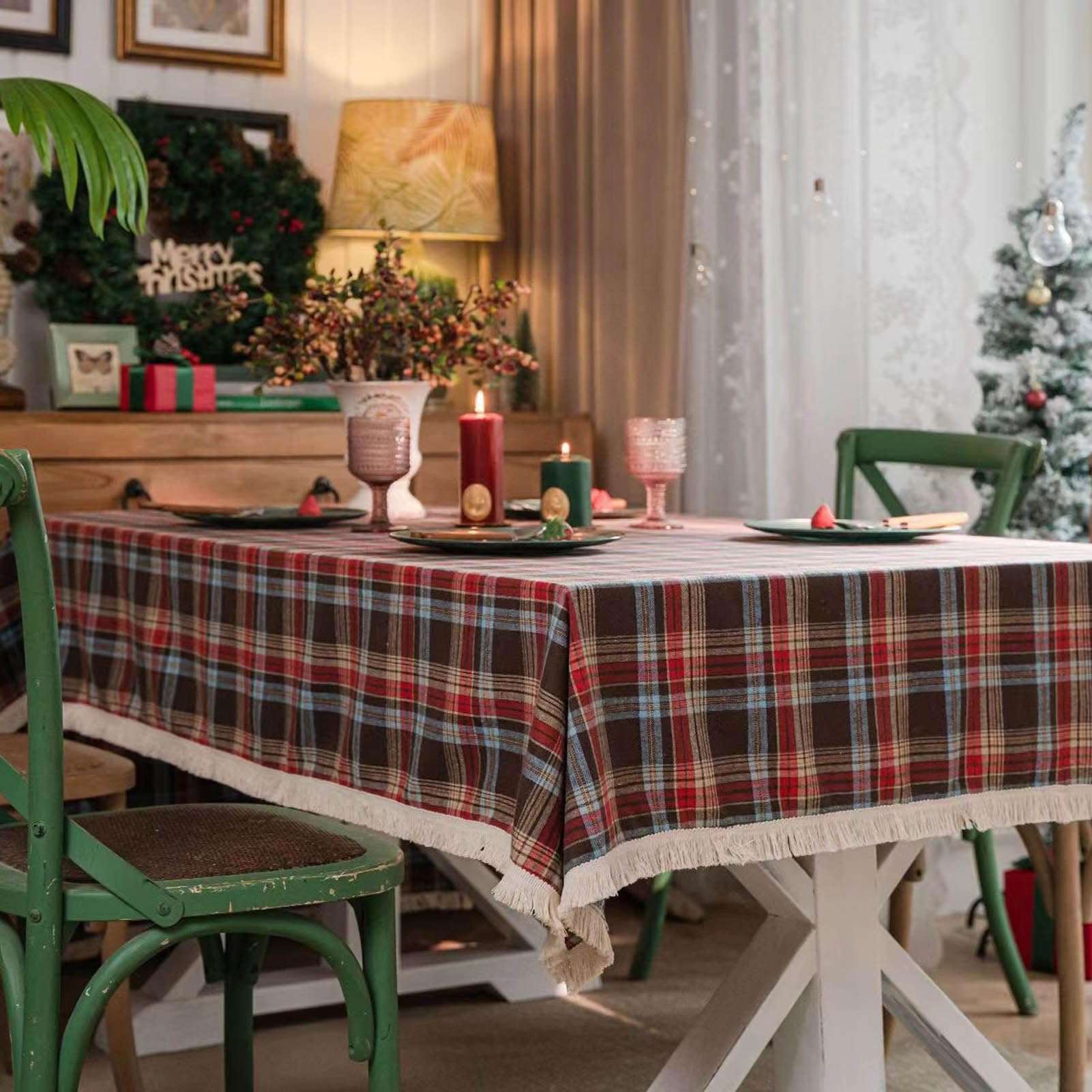 Tovaglia classica a scacchi rossa e verde con nappe, rettangolare, lavabile, antimacchia, facile da pulire, 140 x 240 cm, decorazione natalizia