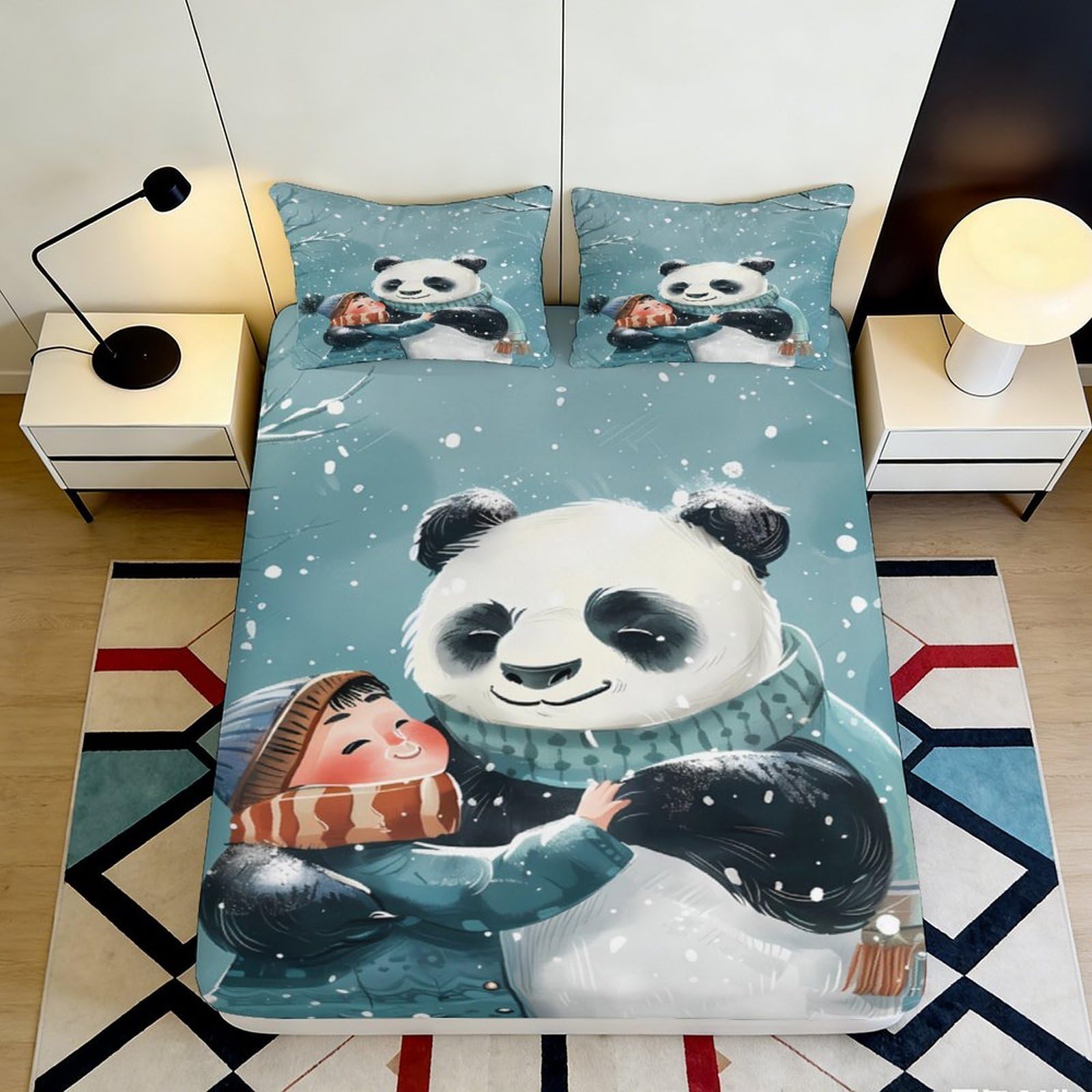 3D Printed Winter Panda Fitted Sheet Microfiber Soft Durable Snow Scene Bed Cover for Bedroom Dormitory Guest Room Mattress Protection Decoration 120x200x25cm