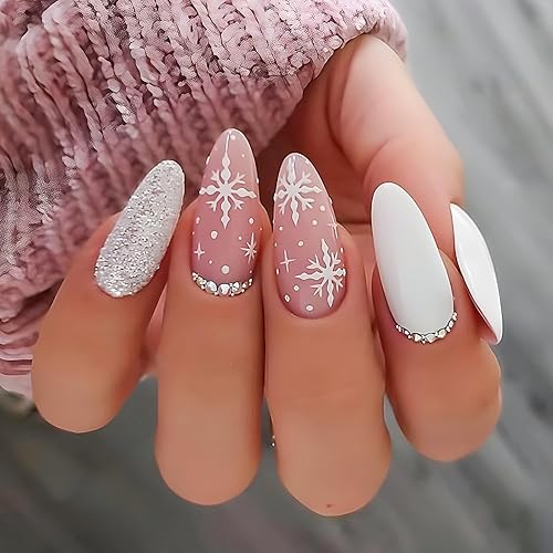 Christmas Press on Nails Medium Almond False Nails Pink Full