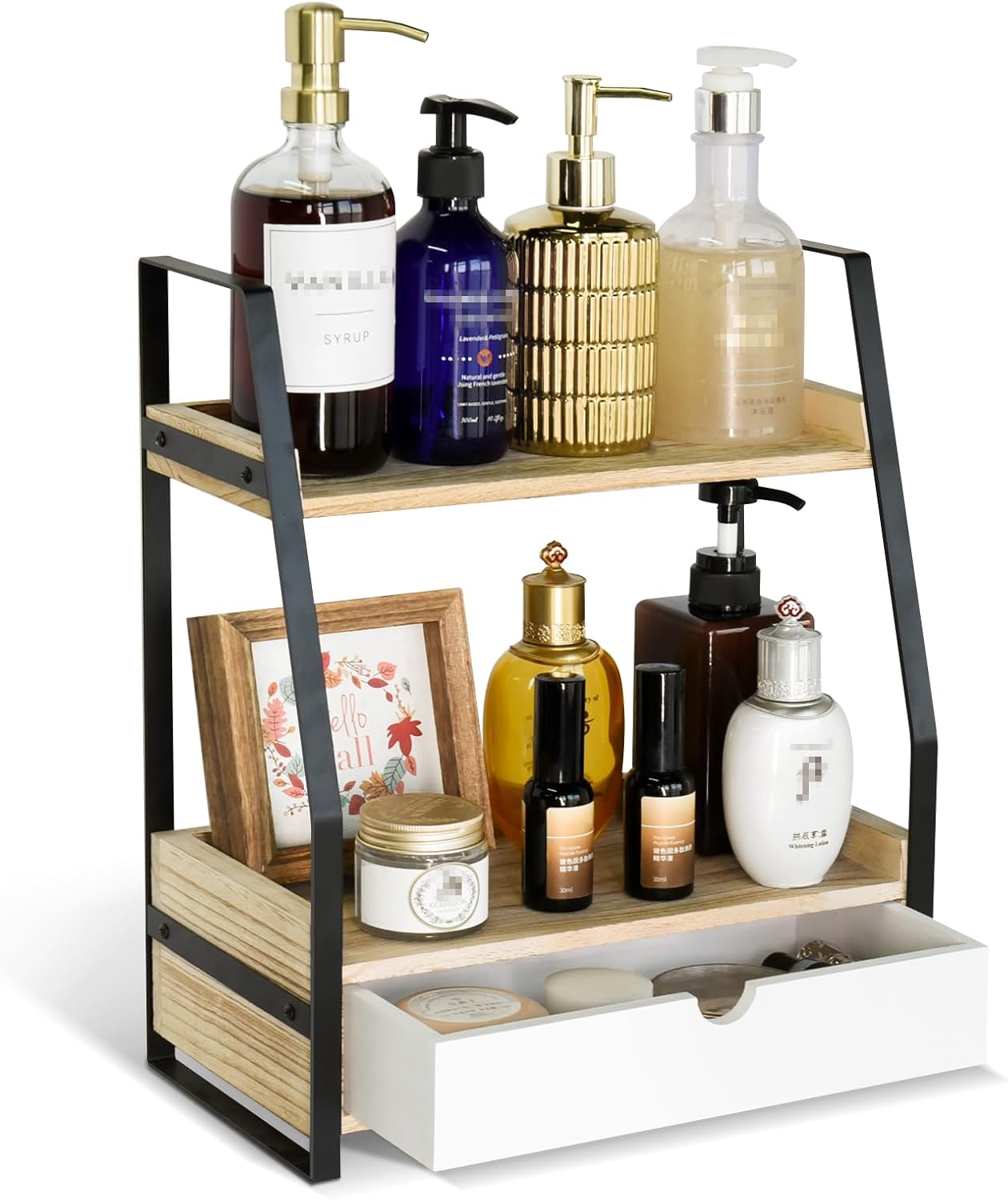 Bathroom Counter Organizer with Drawer, Countertop Makeup Organizer for Vanity, Wood Tray for Perfume Skincare Organizer, 2-Tier Multi-Purpose Shelf for Kitchen Bathroom Organizers and Storage(White)