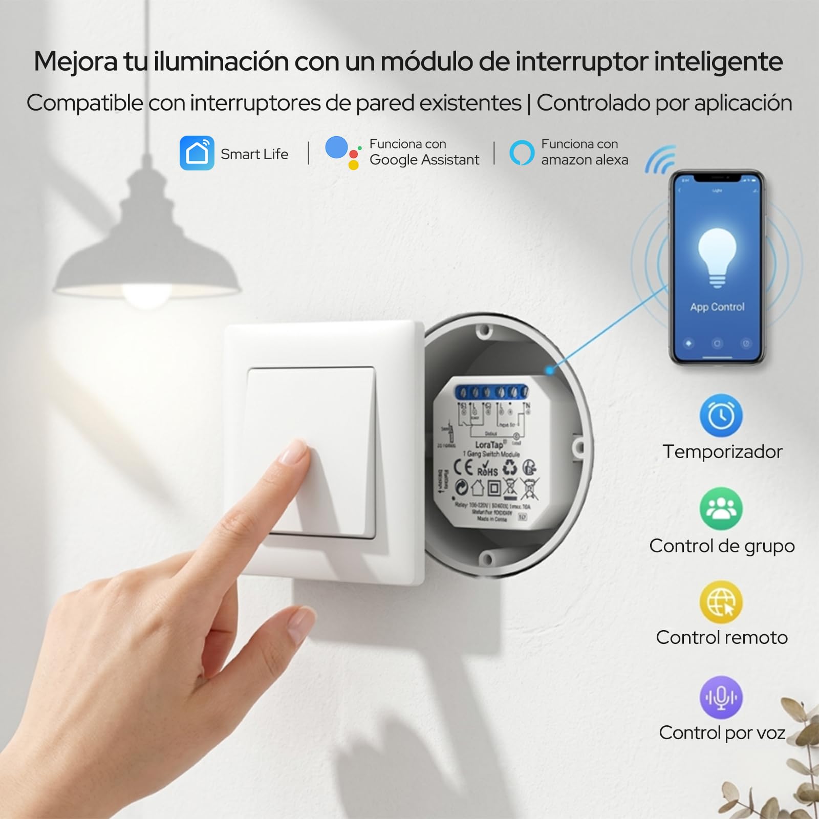 LoraTap Kit de 2 Interruptores Relé WiFi Inalámbricos, Conmutador Paralelo, Receptor de 2300W 10A, Interruptor Inteligente, Control a Distancia por Móvil, Compatible con Alexa y Google Assistant