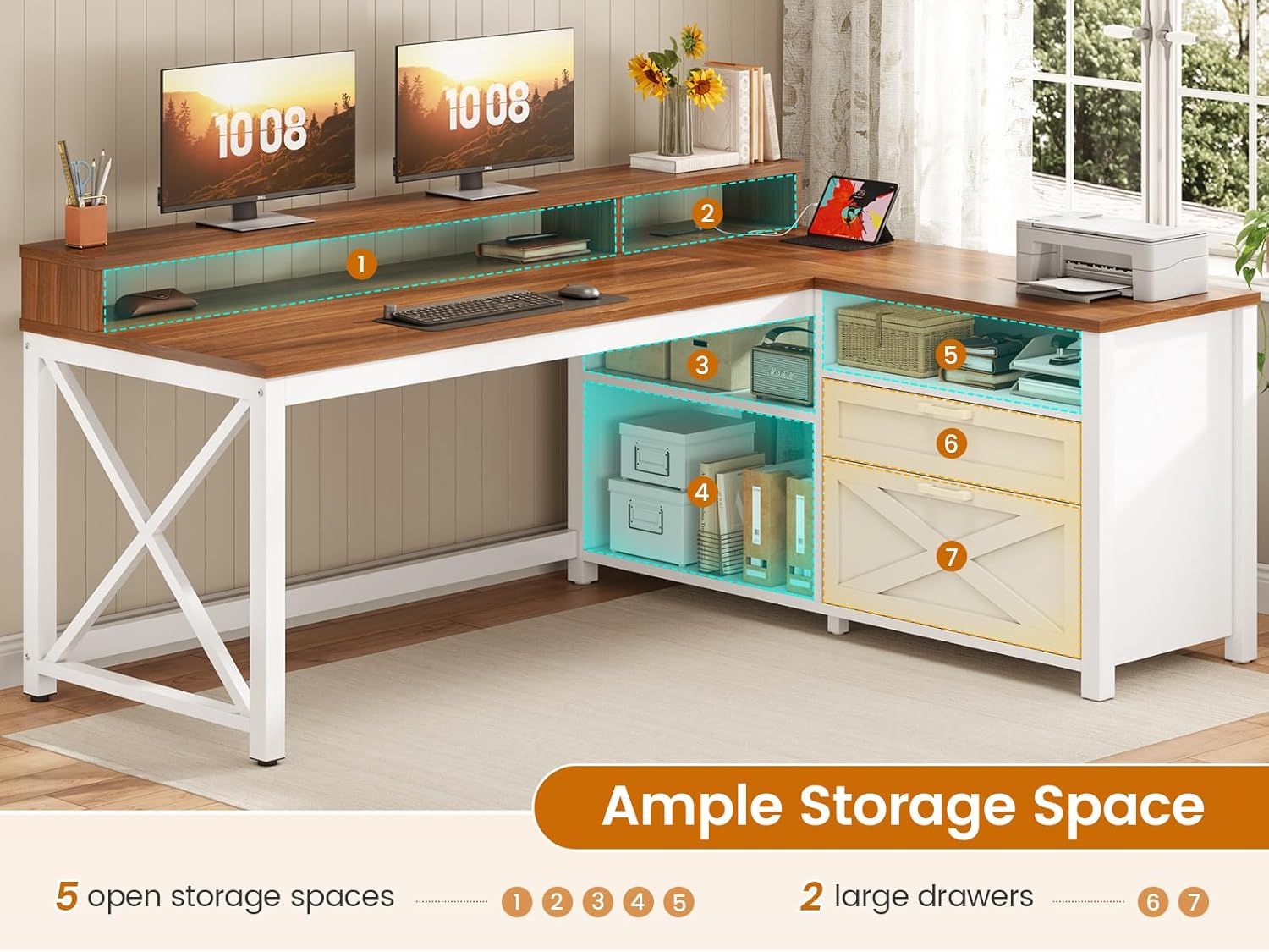 SEDETA Farmhouse L Shaped Desk, 55" Home Office Desk with Drawers and Storage Shelves, L Shaped Gaming Desk with LED Lights, Power Outlet and Monitor Shelf, Brown