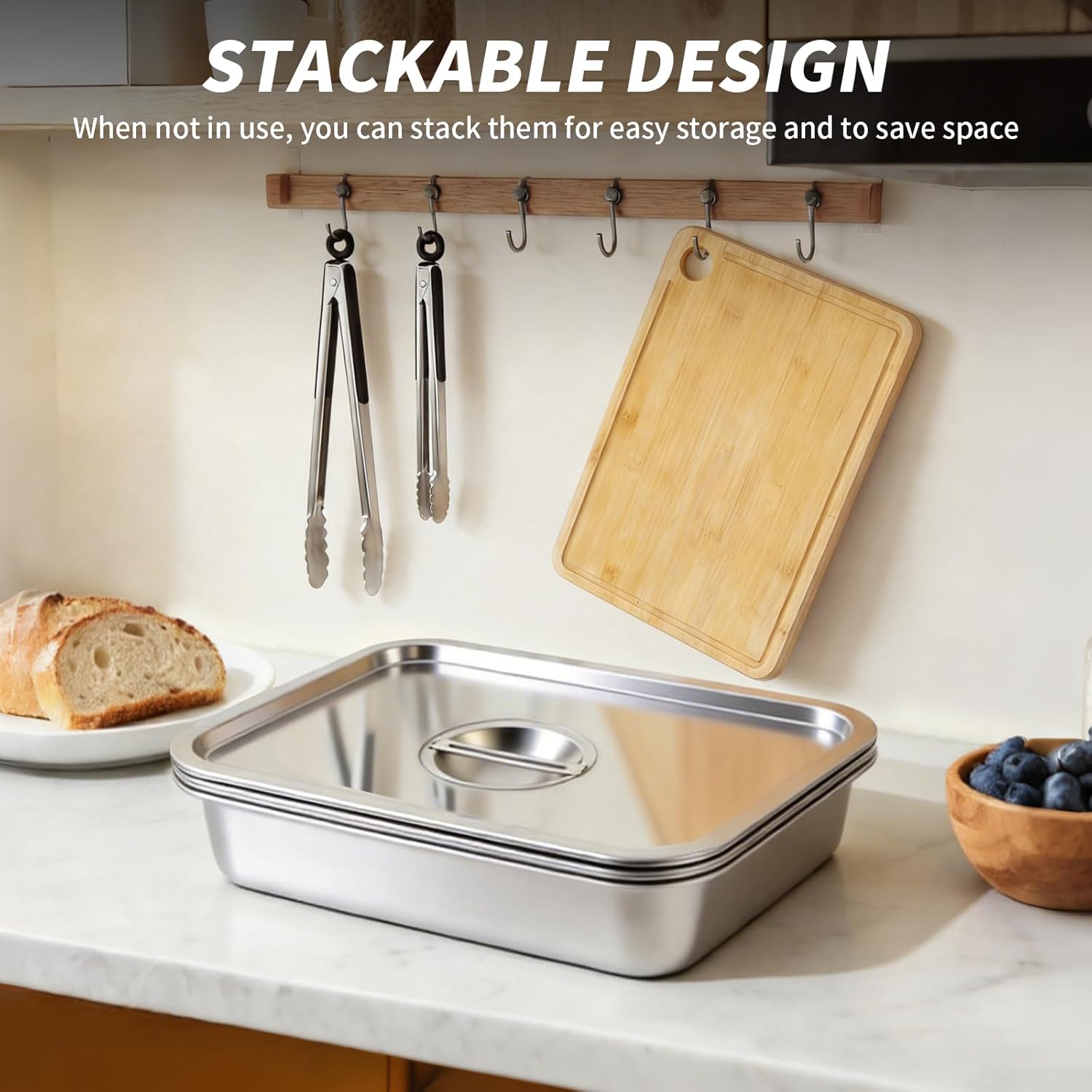 ENLOY 9-in-1 Stainless Steel Grilling Prep and Serve Trays Set, Large Capacity Food Prep Tray & Grill Carry System with Lid, Cutting Broad & 2 Food Tongs, Cleaning Cloth & 2 Gloves for Pickling Food