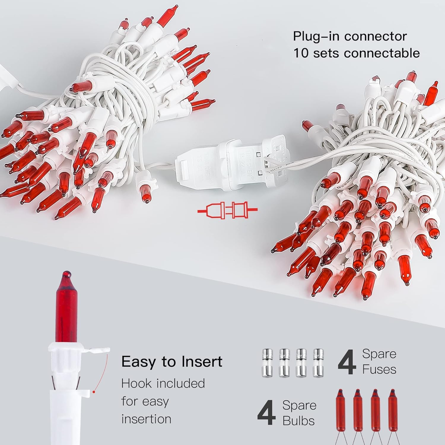 Hopolon 2PACK 50-Count 13ft Red Christmas Lights with White Wire image 4