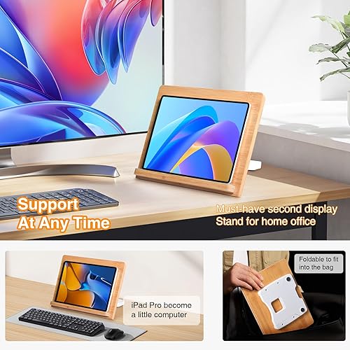 Miniatura 7 de Soporte universal para tableta, 11 x 8.2 pulgadas, compatible con tabletas y teléfonos de 4.7-12.9 pulgadas, madera de bambú