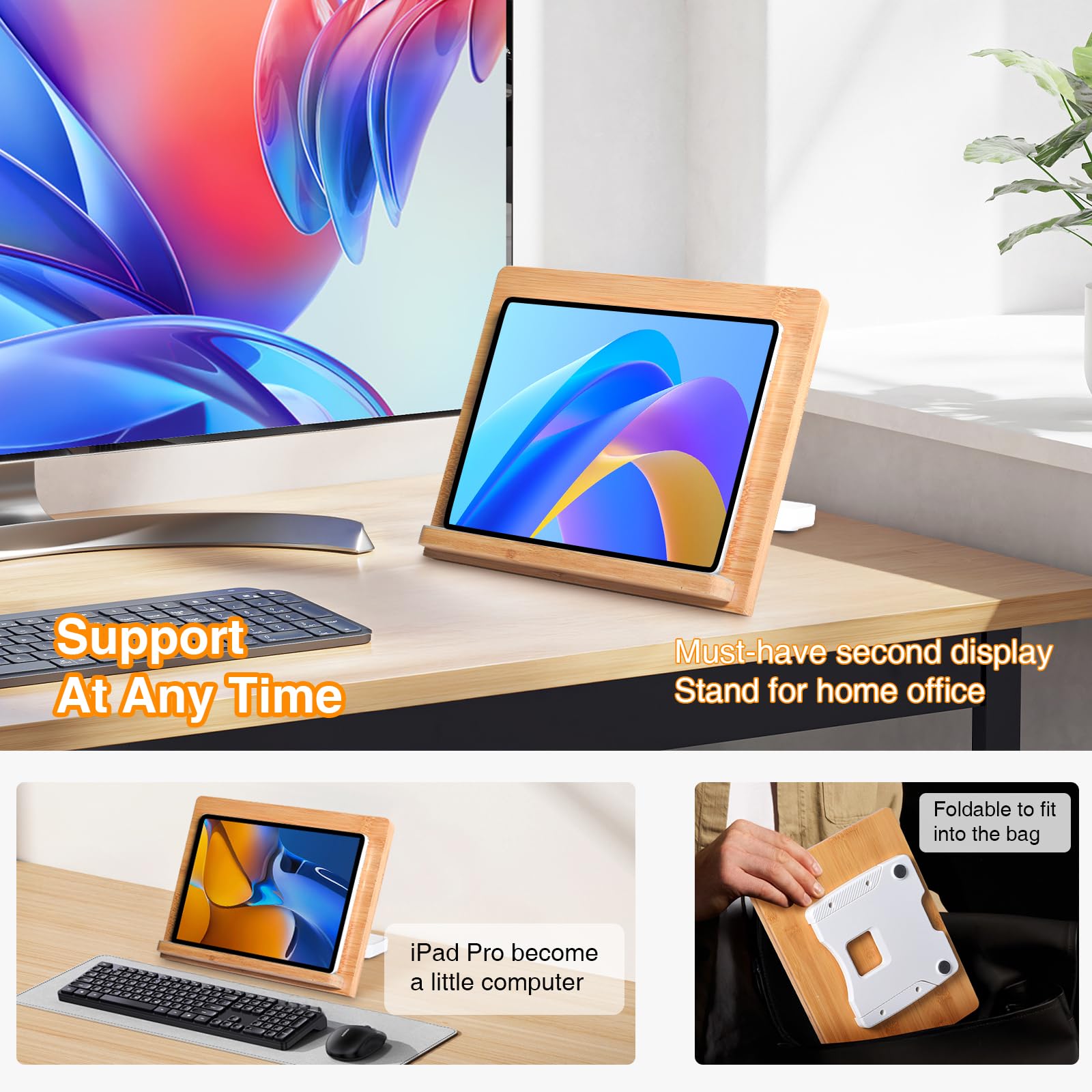 Supporto universale per tablet, 11 x 20,8 cm, compatibile con tablet e telefoni da 4,7 a 12,9 pollici, in legno di bambù