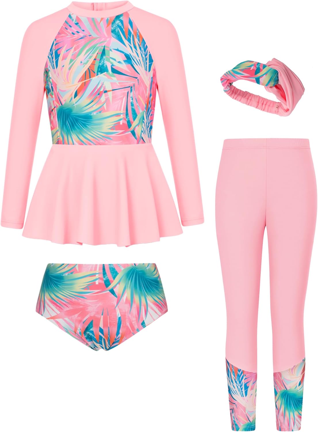 GRACE KARIN Girls Long Sleeve Swimsuit Mermaid Bathing Suit Rash Guard Swimwear 4 Piece Size 5-12