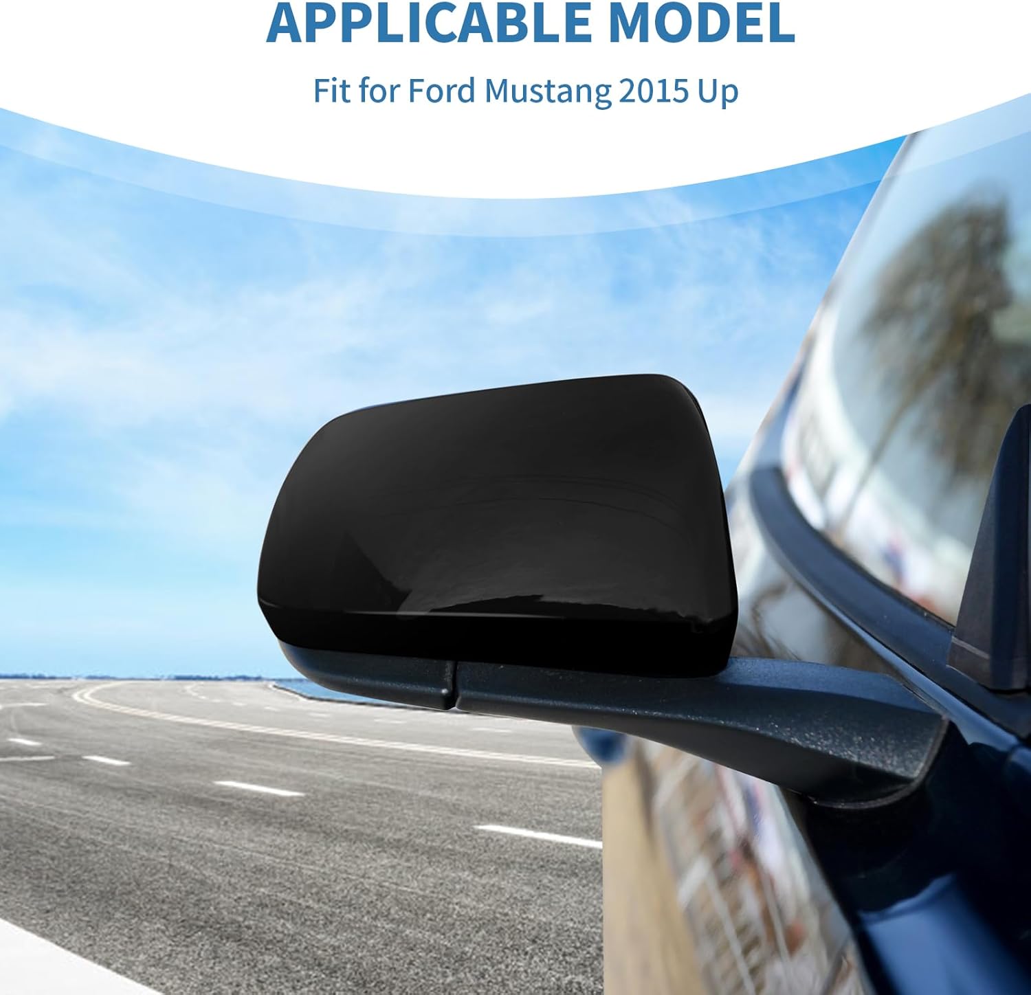 Side Mirror Cover Caps for Ford Mustang 2015+, Black ABS Rearview Mirror Trim, Gloss Black Exterior Upgrade, Peel & Stick Installation (2PCS) — Not for Mirrors with Turn Signals