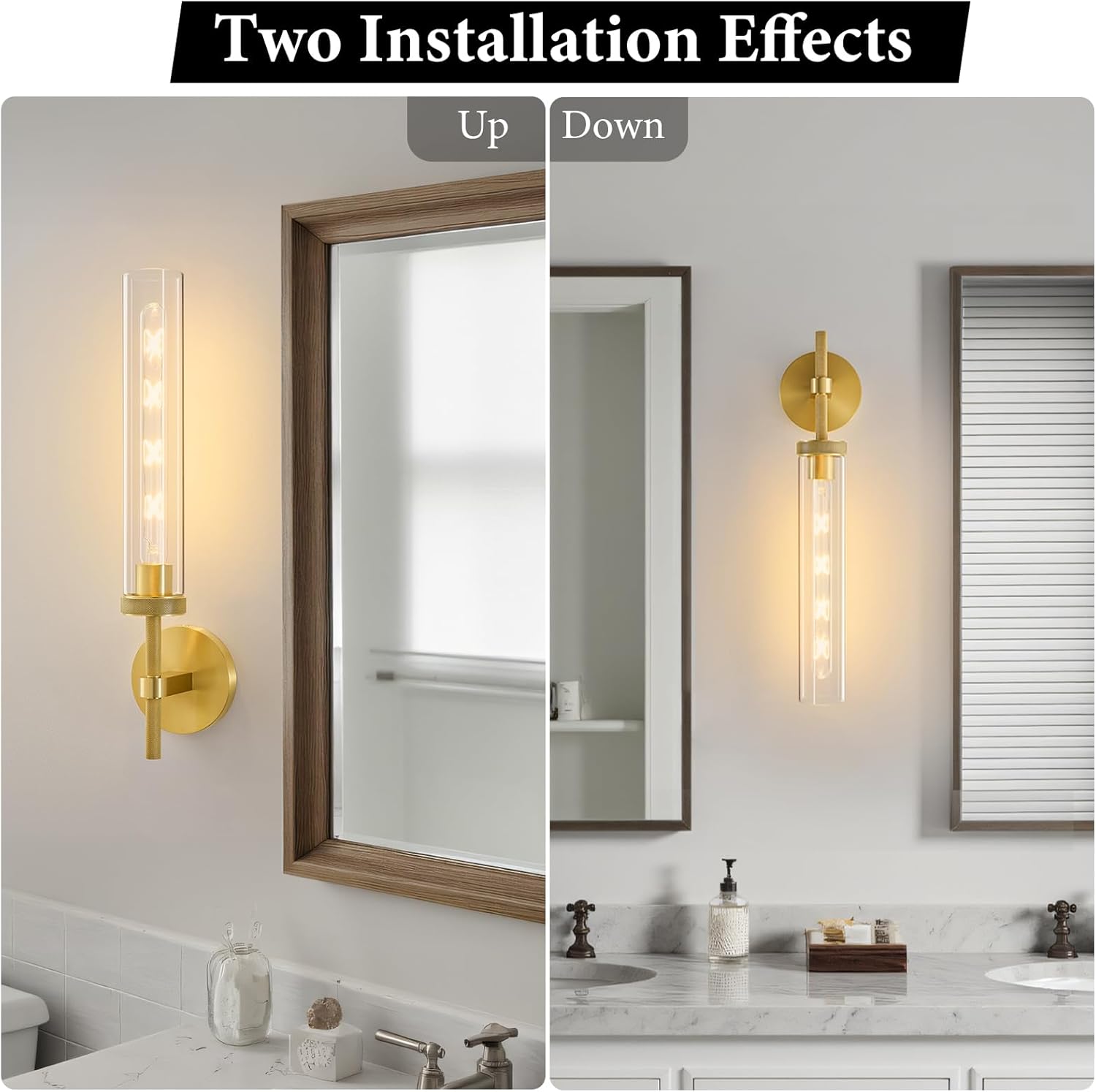 Brass Knurled Tube Wall Sconce - Set of 2 Luxury Modern Glass Sconces with Bulbs - Gold Dimmable Indoor Lighting - Vertical Mounted Light Fixture for Vanity Mirror Bathroom Bedroom Living Room Hallway