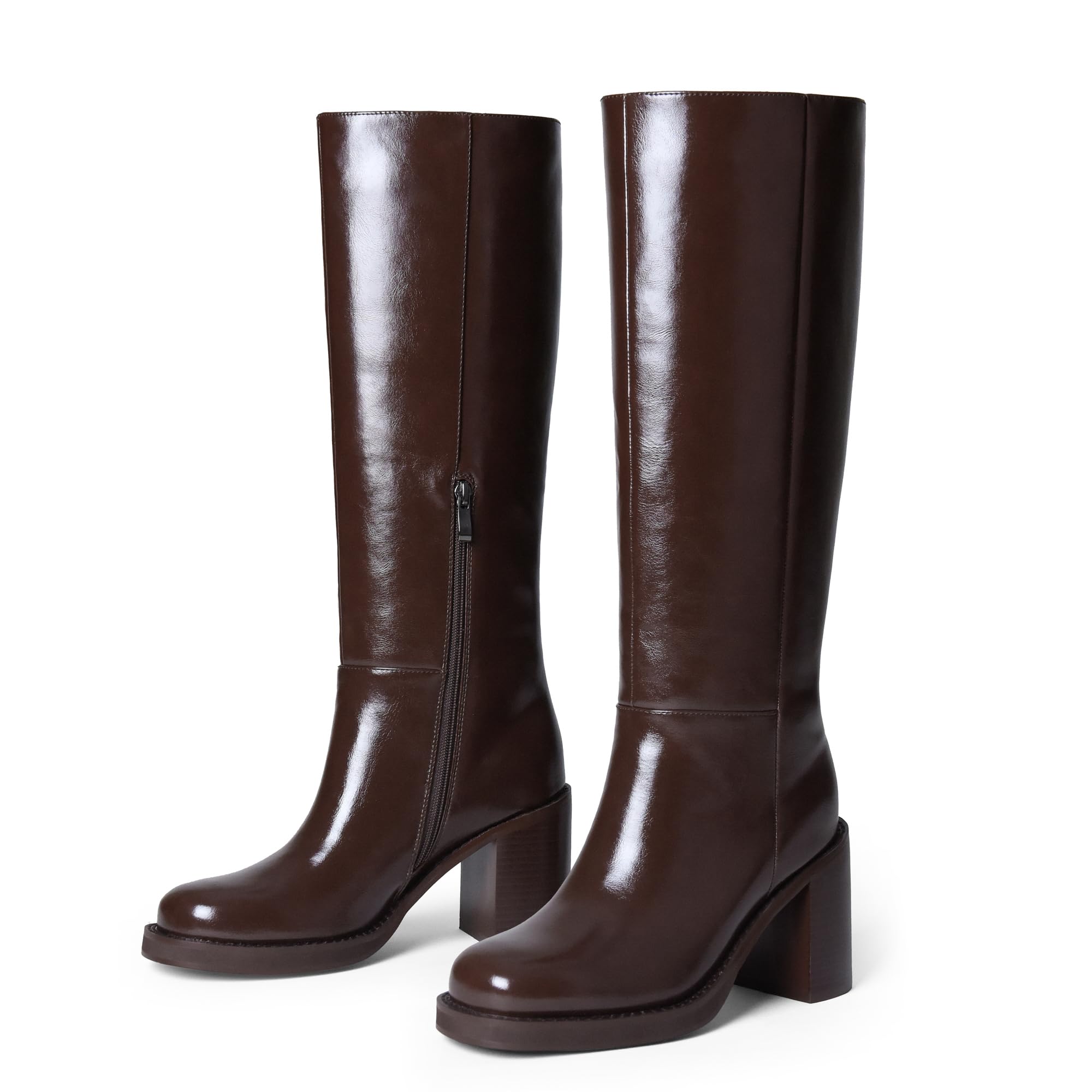 Knee High Boots for Women Round Toe Chunky Heel 3 3 IN Tall Boots Side Half Zip Faux