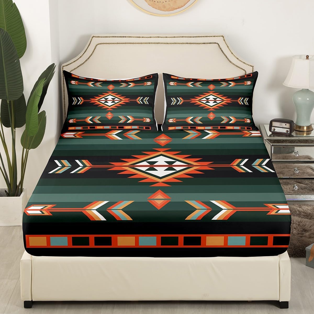 Erosebridal Southwestern Geometric Bed Sheets Western Aztec Fitted Sheet Boho Exotic Tribal Bedding Set Full Rustic Farmhouse Home Decor Bohemian American Native Bed Cover 2 Pillow Cases