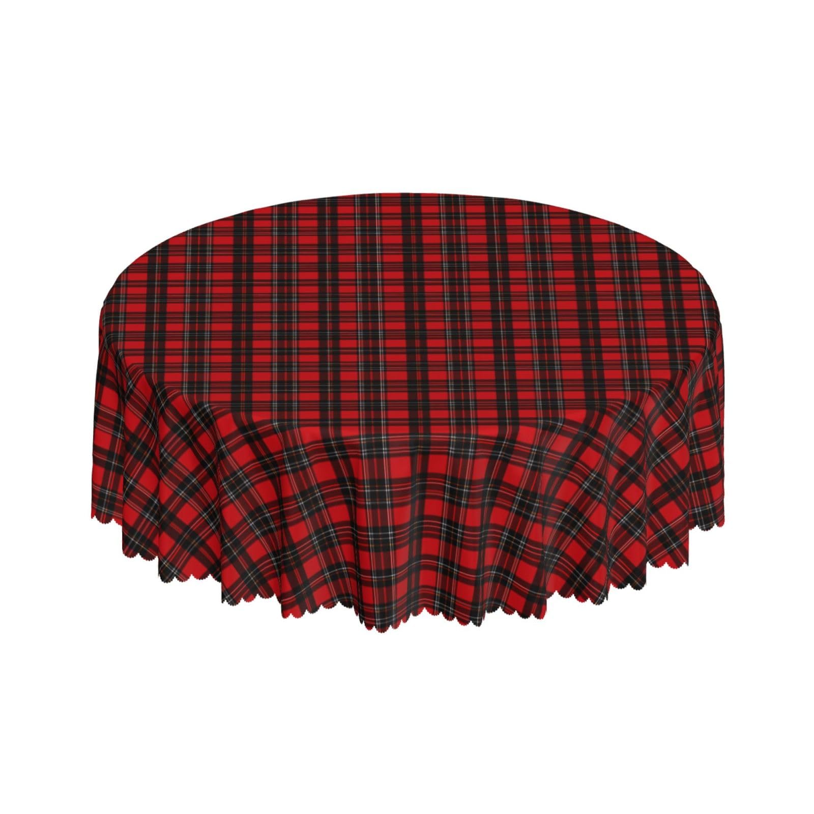Round Tablecloth with Wave Lace 60 Inch, Christmas Scottish Red Tartan Plaid Tablecloths Round Water Resistant Spill Proof Tabletop Covers Tablecloth Protector for Restaurant, Picnic, Indoor Outdoor