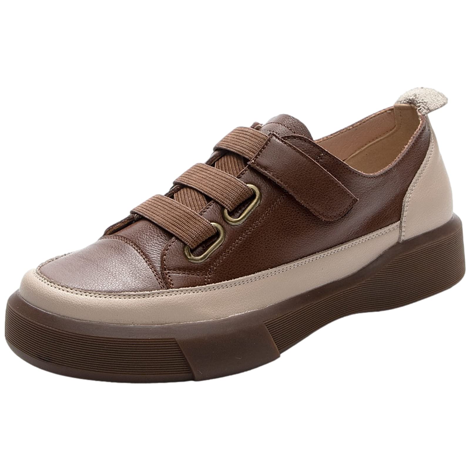 Damen Retro Stil Low Top Sneaker aus Echtem Leder Weicher Sohle Loafer Schuhe mit Klettverschluss