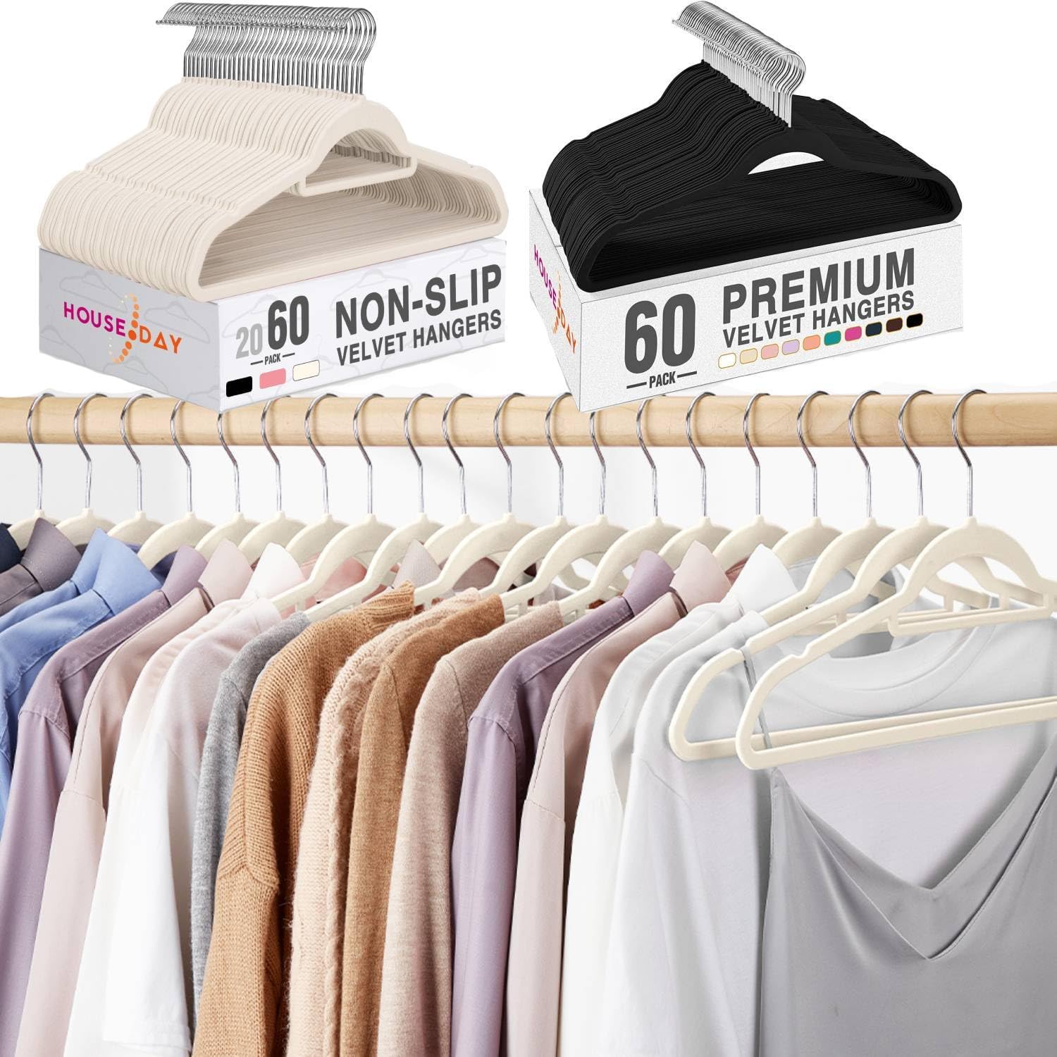 HOUSE DAY Black Velvet Hangers 60 Pack N Ivory Velvet Hangers with Tie Bar 60 Pack
