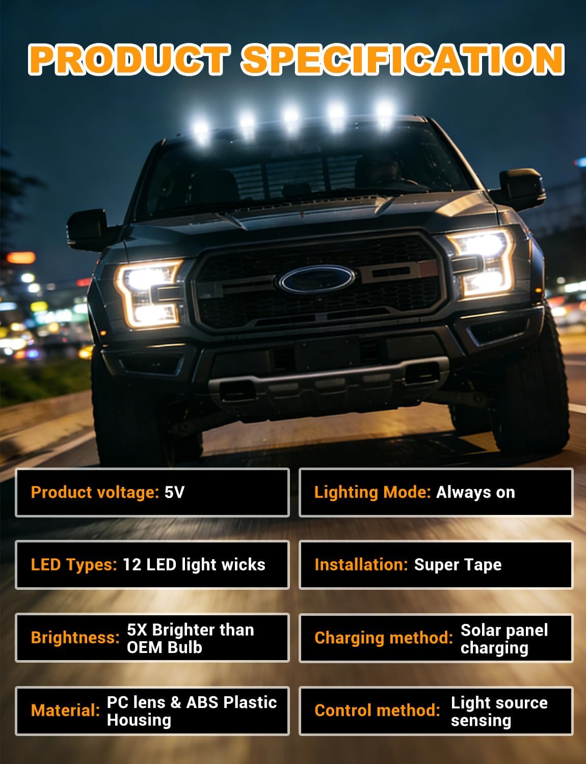 2026 Upgraded Solar Cab Lights for Trucks, Wireless No Drill Roof LED Marker White Lights with Vibration Sensor, IP68 Waterproof Security Lights for RVs Pickup SUV Van 5PCS