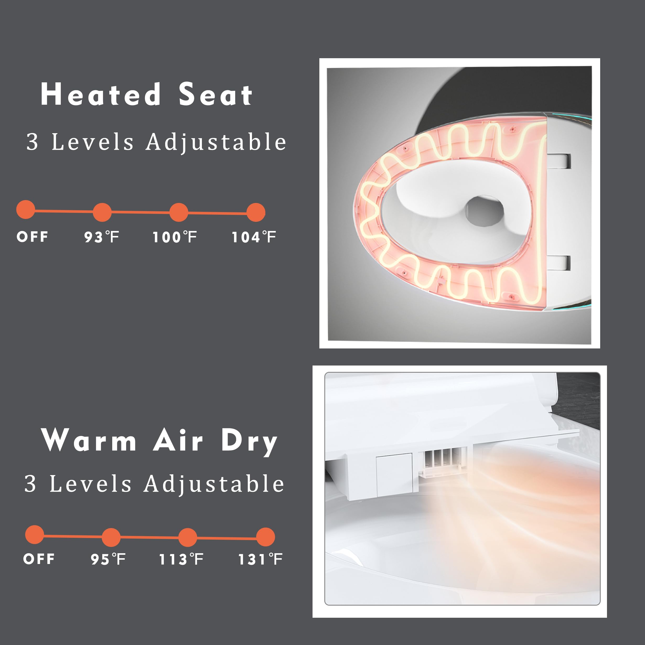 Smart Toilet with Bidet Built In, LED, Heated Seat, Warm Water and Dry, Bidet Toilet with Foot Sensor and Night Light, Auto Flush, Auto Open & Close Lid, Remote Control, Auto Deodorization (Grey, M)