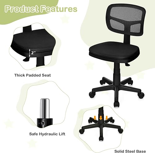 Miniatura 4 de Giantex Silla de escritorio para niños, silla de computadora de malla con respaldo bajo, silla de oficina ergonómica sin brazos con altura Negro