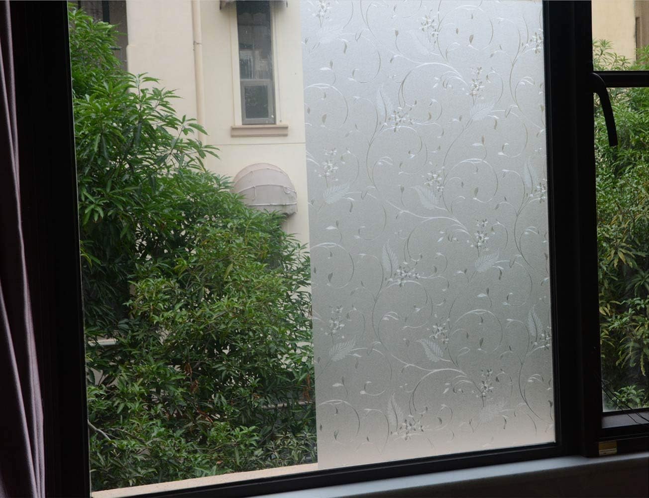 VSUDO 1 Roll 35.4" by 78.7" Privacy Window Film, Vine Flower Pattern Window Tint, Static Cling Window Glass Sticker for Home (19.37 Sq. Ft Total)