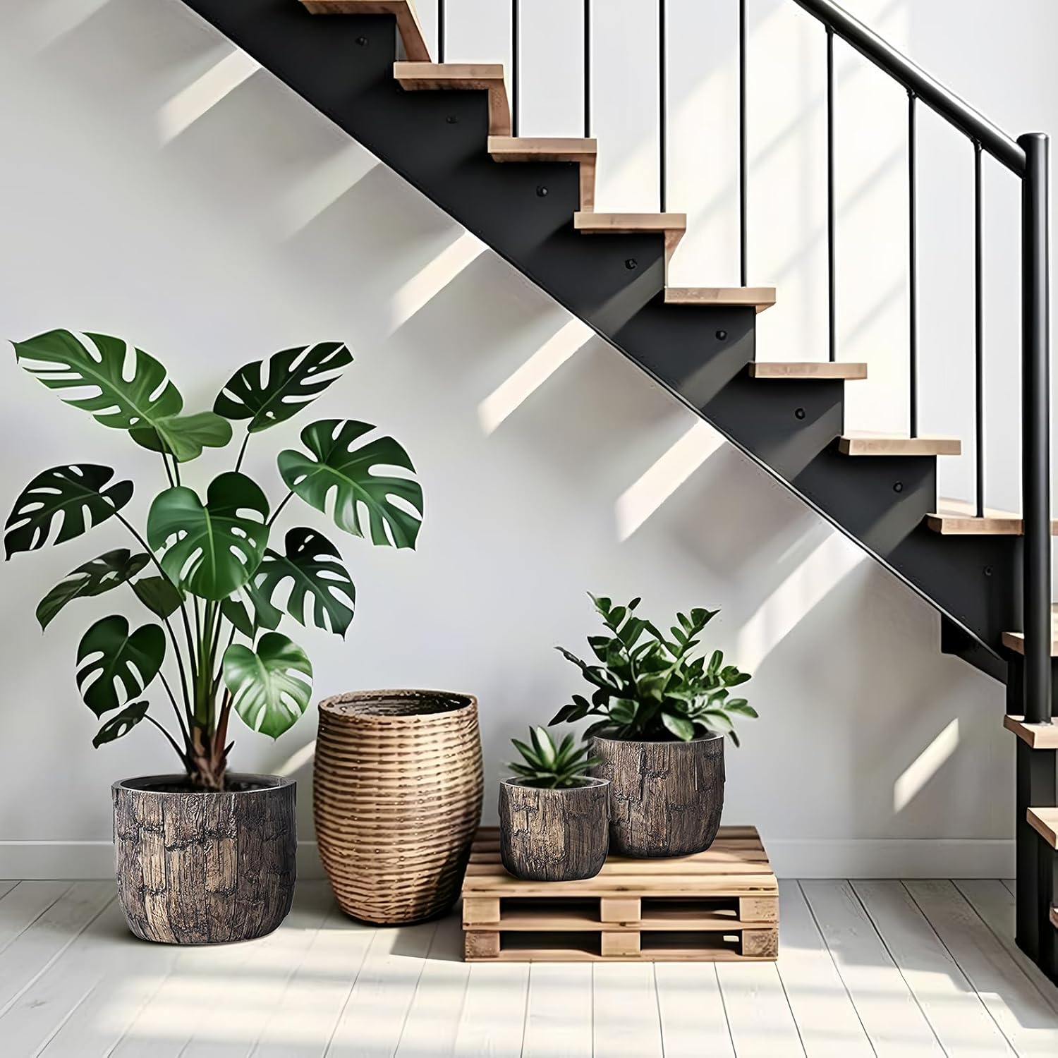 Yundu Concrete Planter Set of 3, 14.5 & 12.6 & 9.8 inch Plant Pot. Vintage Style Woodgrain Concrete Planter with Drainage Holes, Suitable for Home, Garden and Other Indoor and Outdoor décor