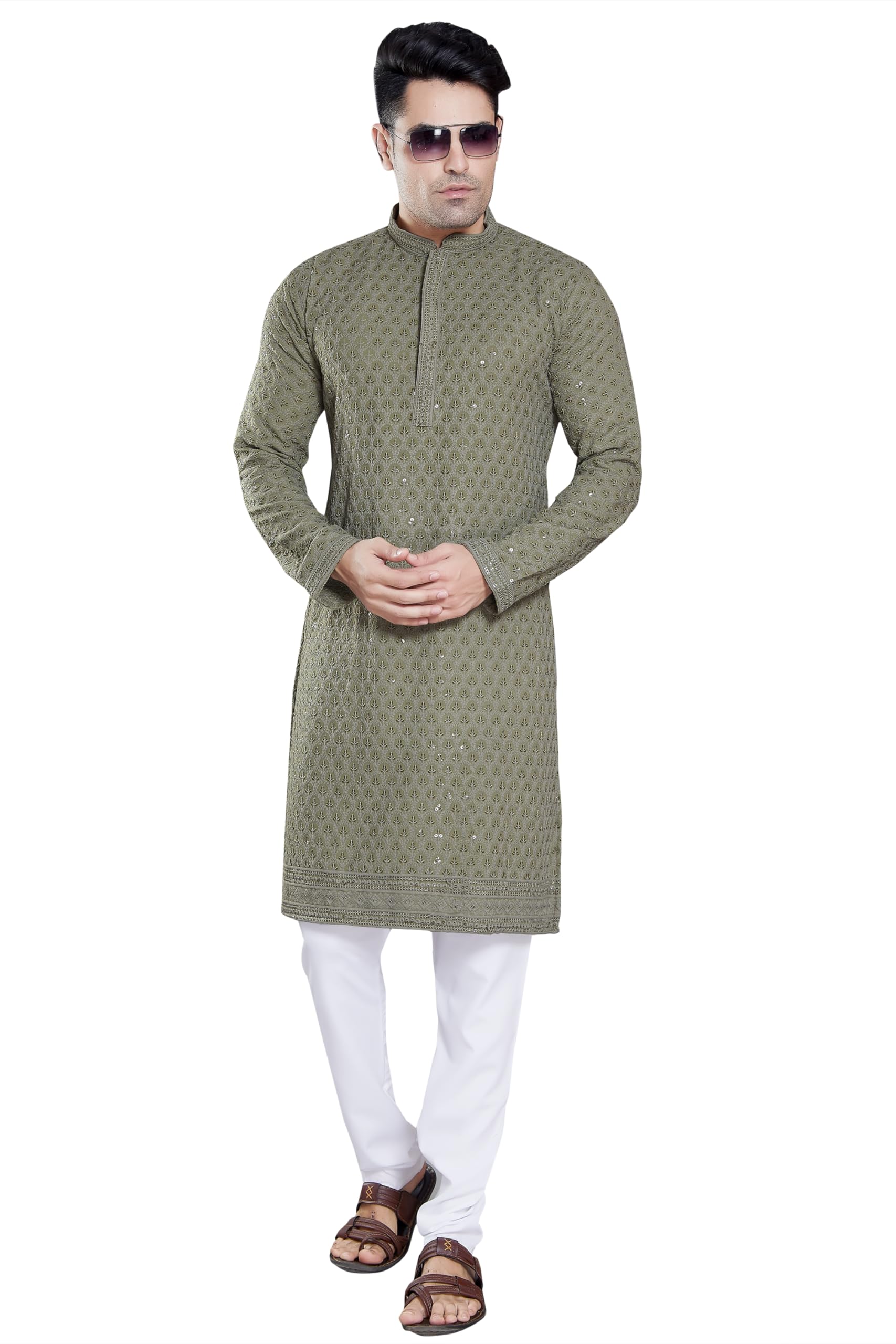 Divisive Men's Sequince Embroidered Cotton Blend Slim Fit Kurta Pyjama Set (Dkrt147_Xxl_Olive Green)